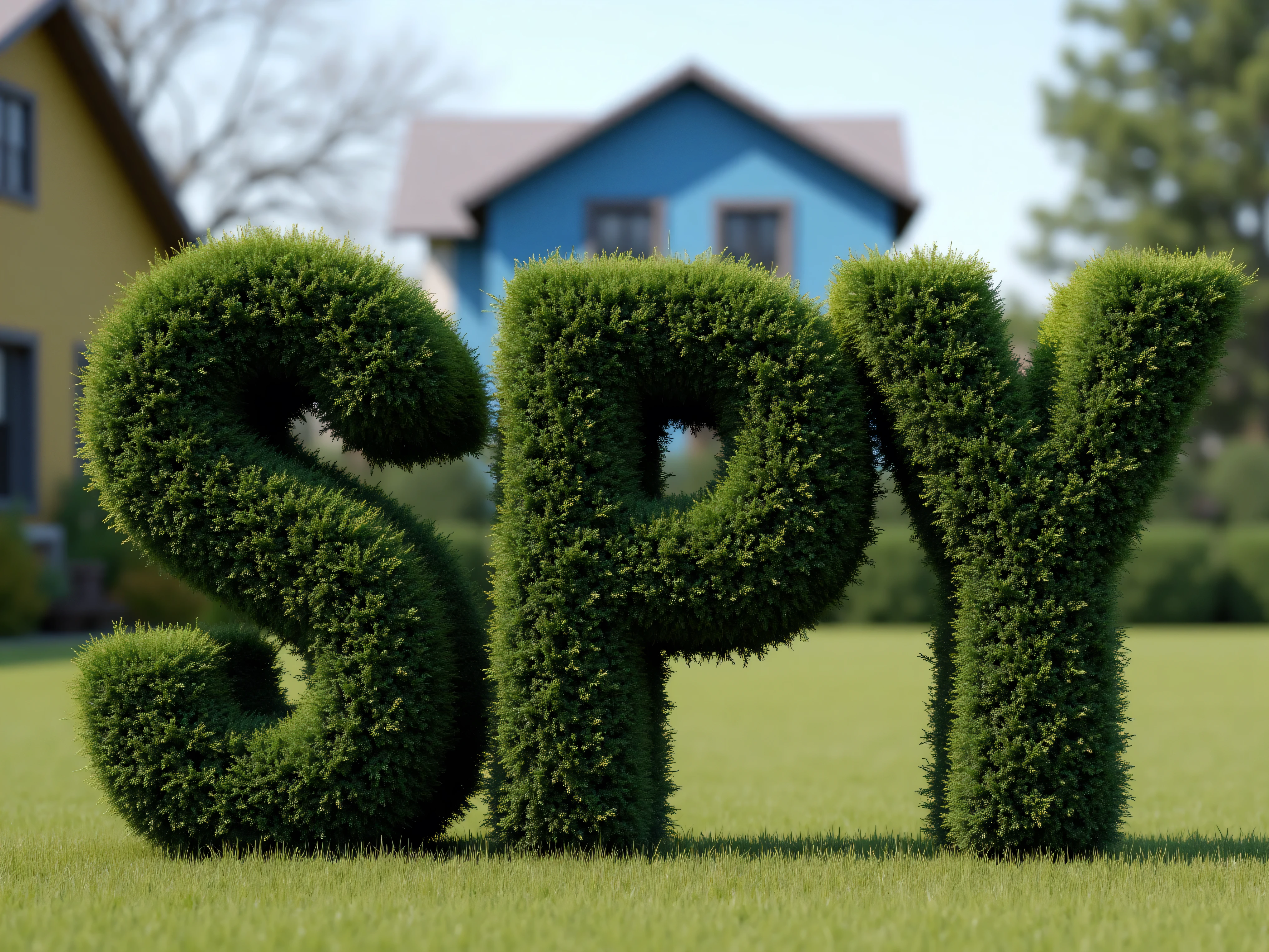 Meticulously manicured juniper bushes in the shape of the word SPY, with a blue house behind it. Icon style. Ultra-realistic, photo-realistic, cinematic photography, hyperrealistic, 3D rendered realism, UHDR, high-res, physically-based rendering, extreme attention to detail, highly imaginative, best quality artwork.