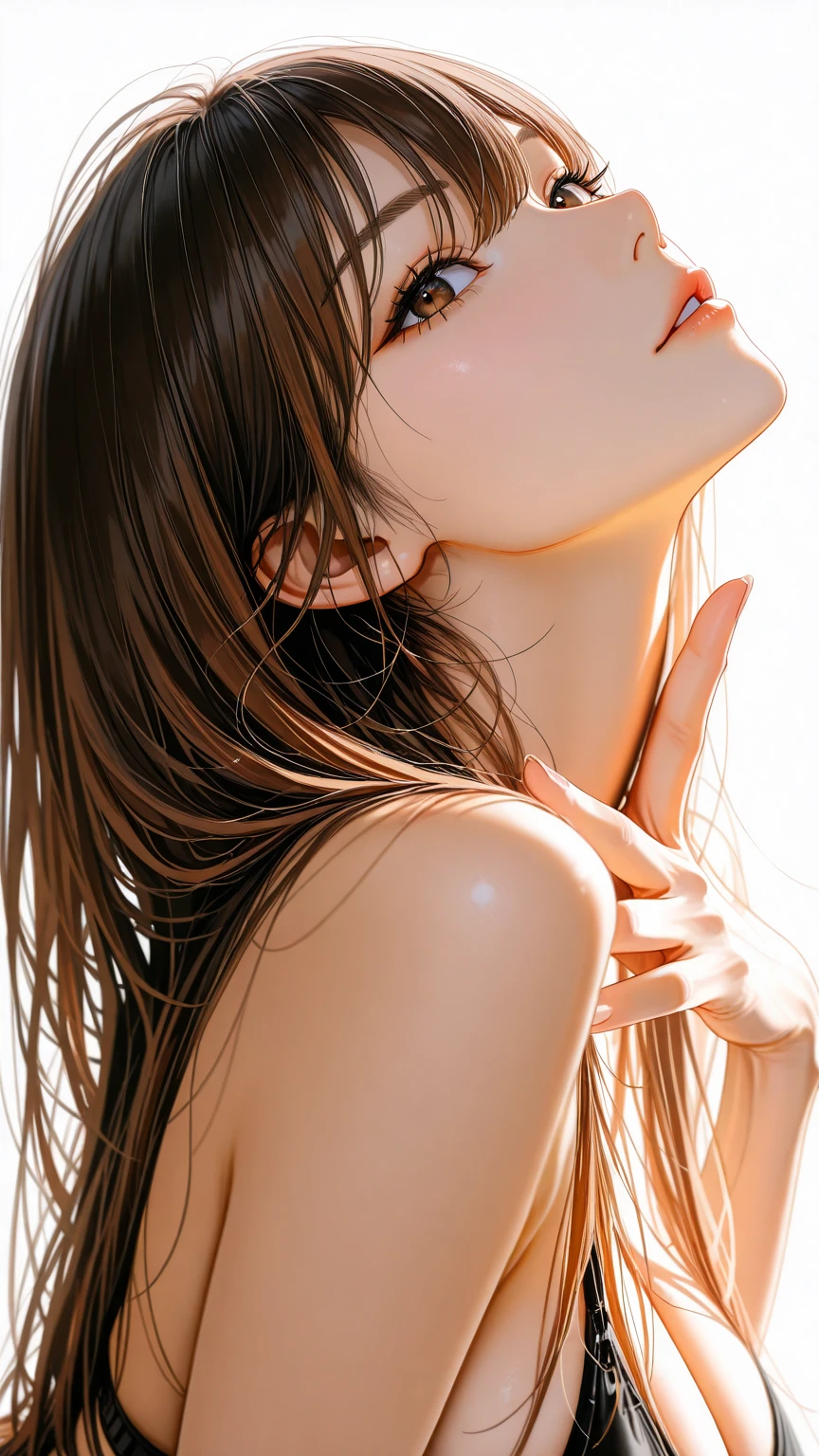 masterpiece, upper body shot profile, 18-year-old attractive 1girl、independent、Look forward、Light eye makeup、Brown Hair Color、Hair blowing in the wind、Quality of actress、Shiny, Ultra-realistic faces、smile、Watery eyes、look up、Soothing lighting effects、 Ultra-Realistic Capture、Very detailed、High resolution 16k human skin closeup, Skin texture must be natural、Must be so detailed that pores are visible、skin is healthy、Must be of knitwear tone、Use natural light and color、High quality photos taken by modeling agencies, Exclusive photographer、smile, completely , , showing large sideboob of the huge breasts,  , glamorous body:1.3