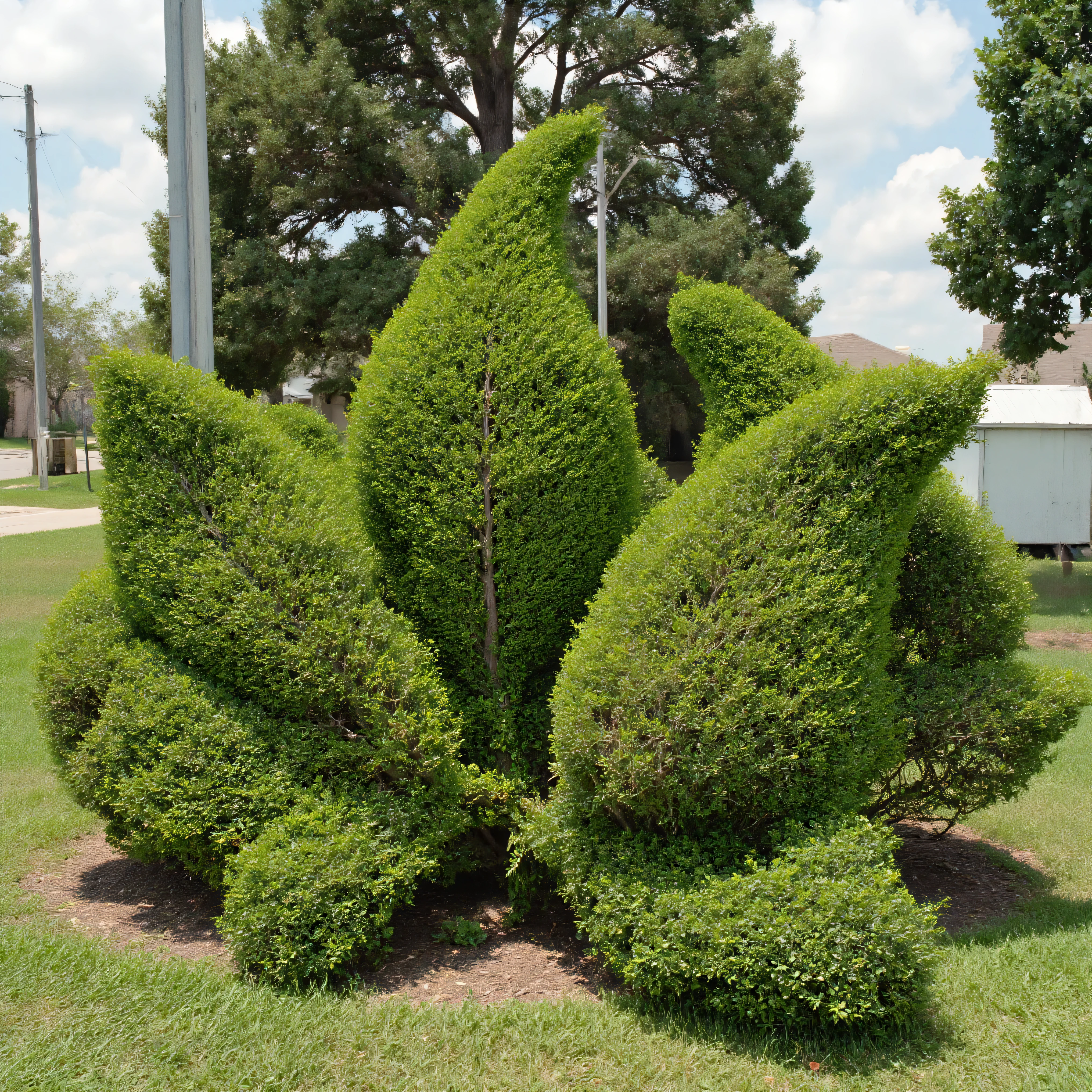 Meticulously manicured juniper bushes in the shape of marijuana leaves. Ultra-realistic, photo-realistic, cinematic photography, hyperrealistic, 3D rendered realism, UHDR, high-res, physically-based rendering, extreme attention to detail, highly imaginative, best quality artwork.