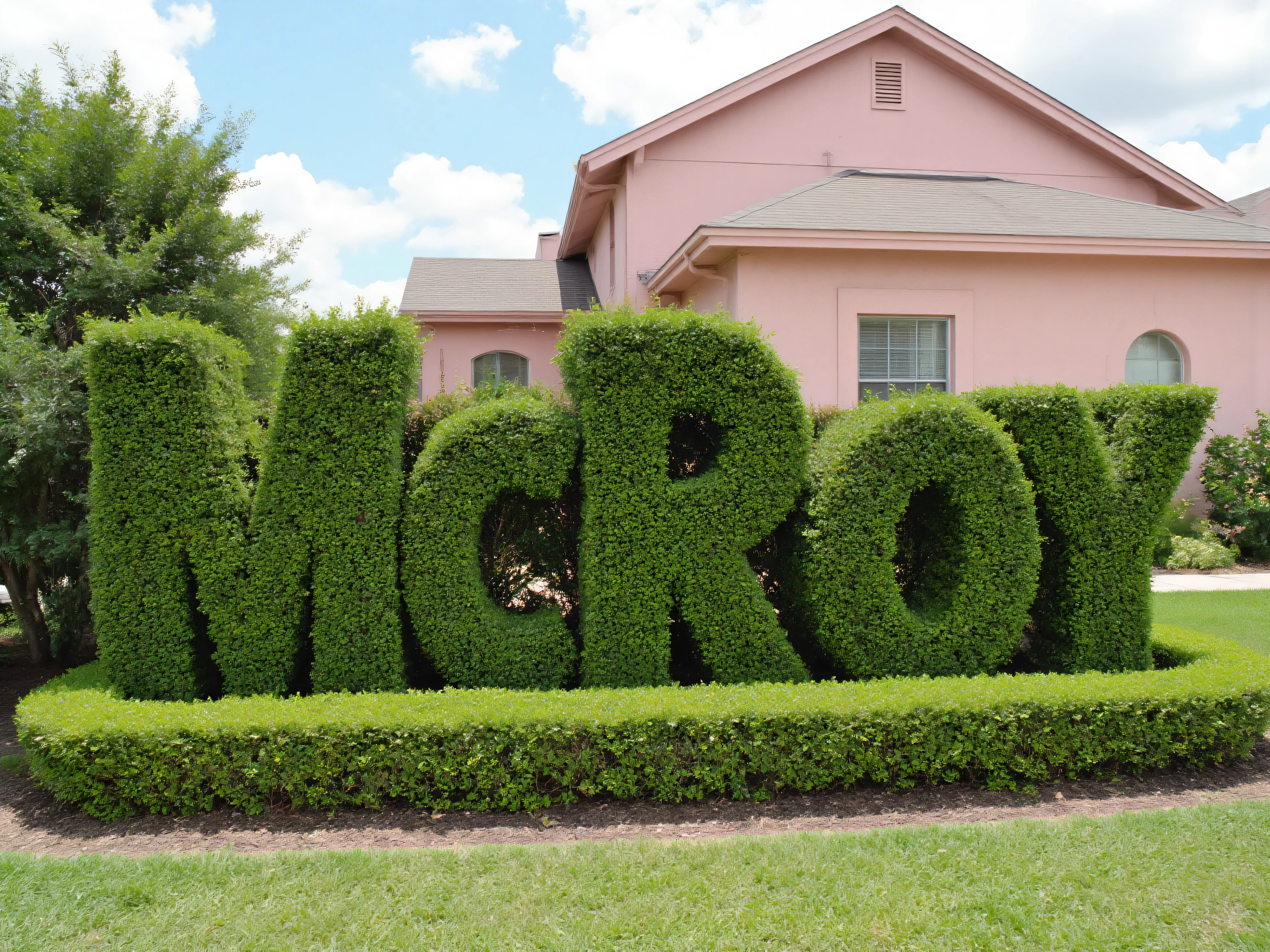 Meticulously manicured juniper bushes in the shape of the word "(McRoy)" perfect spelling, a large pink two-story house in the background, icon style. Ultra-realistic, photo-realistic, cinematic photography, hyperrealistic, 3D rendered realism, UHDR, high-res, physically-based rendering, extreme attention to detail, highly imaginative, best quality artwork.