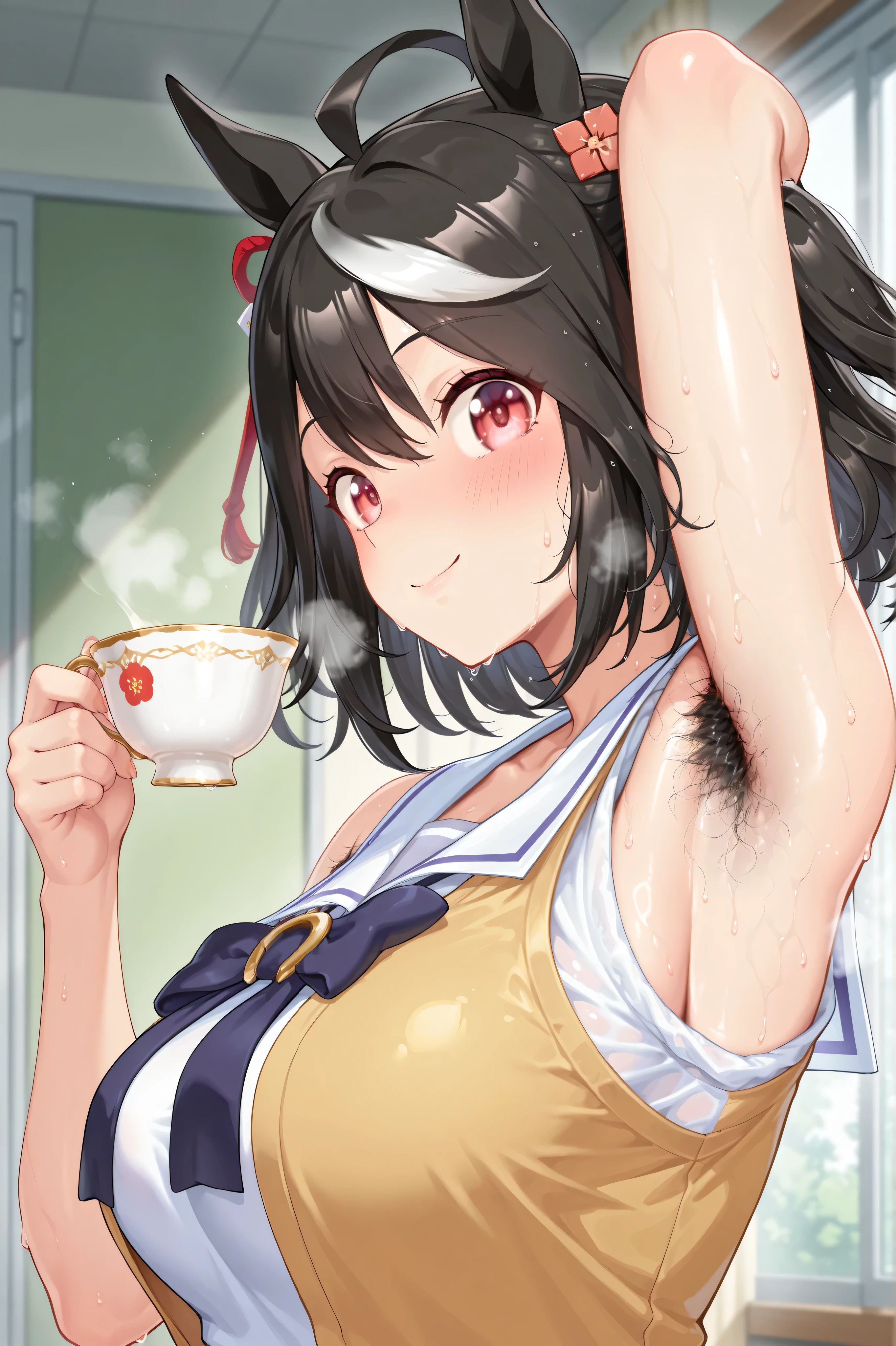 Fine armpit hair、Japanese high school girl uniform、sleeveless、kitasan black \(umamusume\),,Suchwet, ,cute face,smell your armpit,Smelly Armpits 、armpit close-up、 Armpit close-up、sweat springs out of my armpits、holding a teacup in hand、Bring a teacup under your armpit、armpit sweat overflowing from the armpit is dripping down the teacup、the inside of the teacup is filled with armpit sweat、Take a close-up shot of the side、sweaty、Female body glowing with sweat、dripping armpit sweat、large , 8K ultra-high image quality、bewitching gaze、8k highest quality、