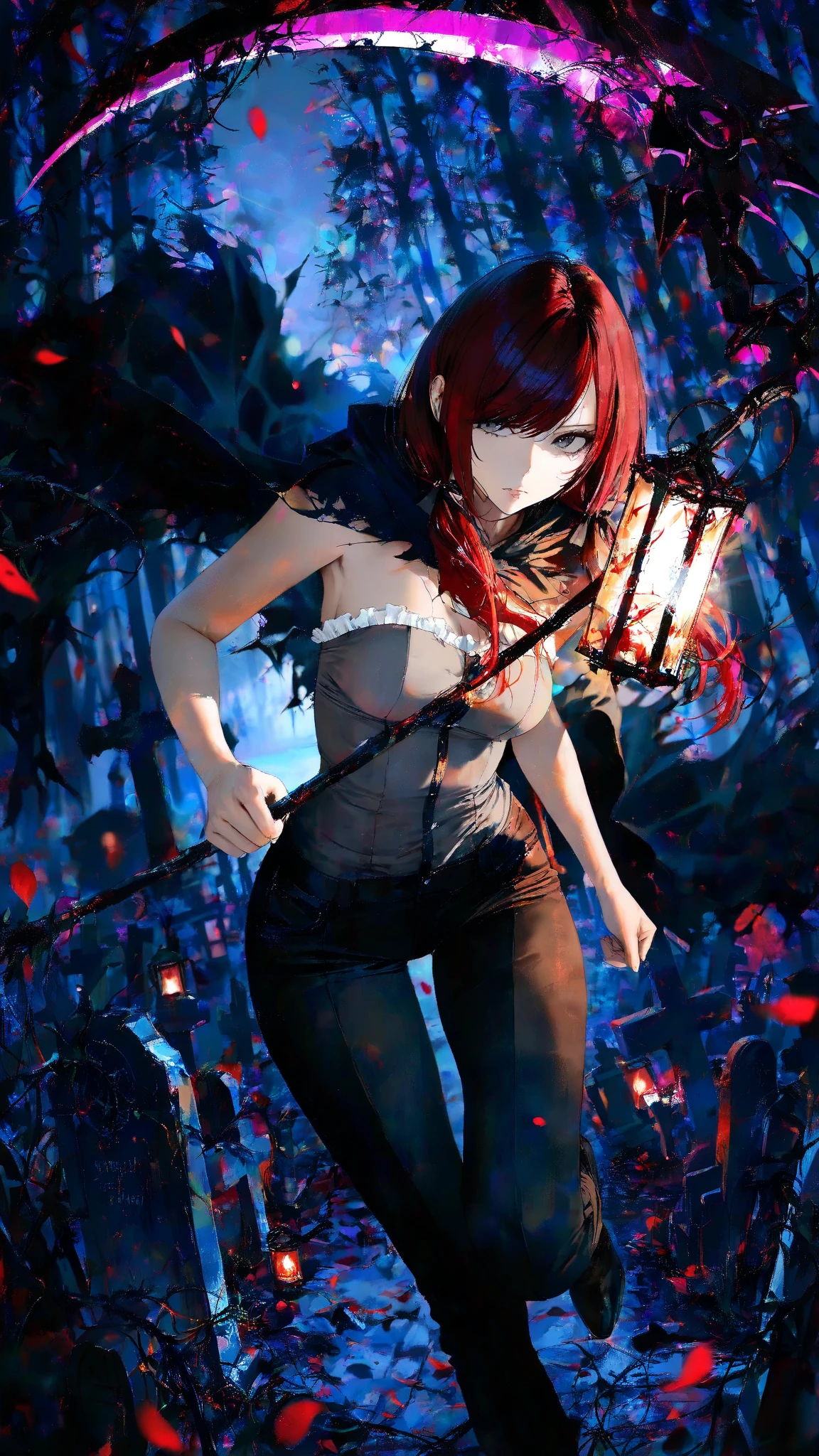 Realistic, abstract painting,One adult woman fights against plant vines at a forest graveyard at night,(fluttering petals), get ripped off ,Gravestone,maorix, BREAK gray eyes, dark red hair, long hair, low twin tails, swept bangs, stoic, strapless sleeveless shirt, white frill trim, gray shirt, hair ribbons, black trousers, lantern, glowing lantern, black cloak, tattered cloak, black scythe with glowing purple edge, thin,dramatic composition with ink splatter effects, manga style with explosive effect,dramatic lighting,dynamic pose, foreshortening, extreme perspective,lensflare-style,lens flare,