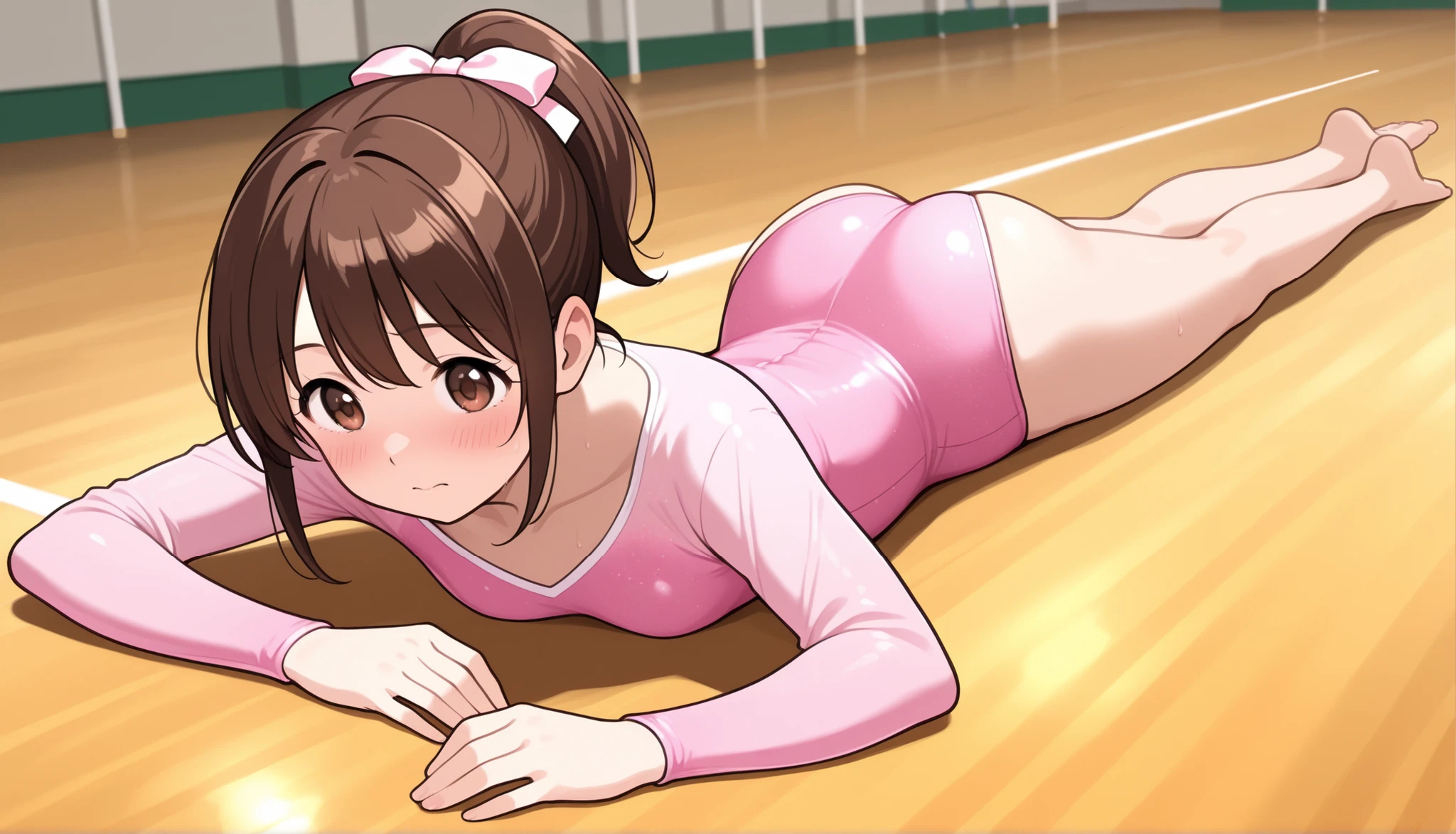 1 girl　cute　embarrassed　pink leotard　long sleeve leotard　Rhythmic gymnastics　short ponytail　brown hair　 in practice　Barefoot　gymnasium,  prone, on stomach,