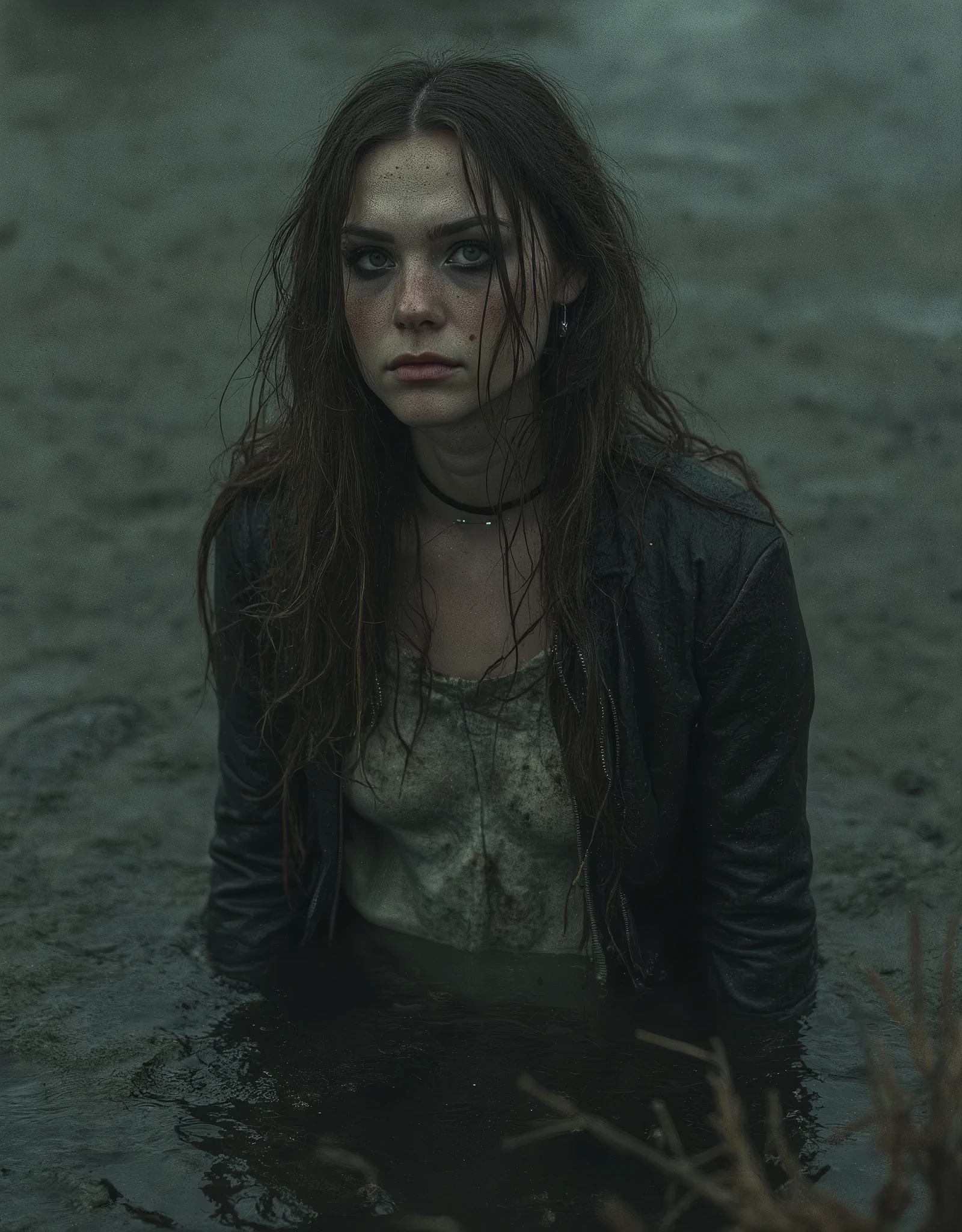 vulgar woman sinking in a swamp, wearing a t-shirt and biker jacket, moody, haunting