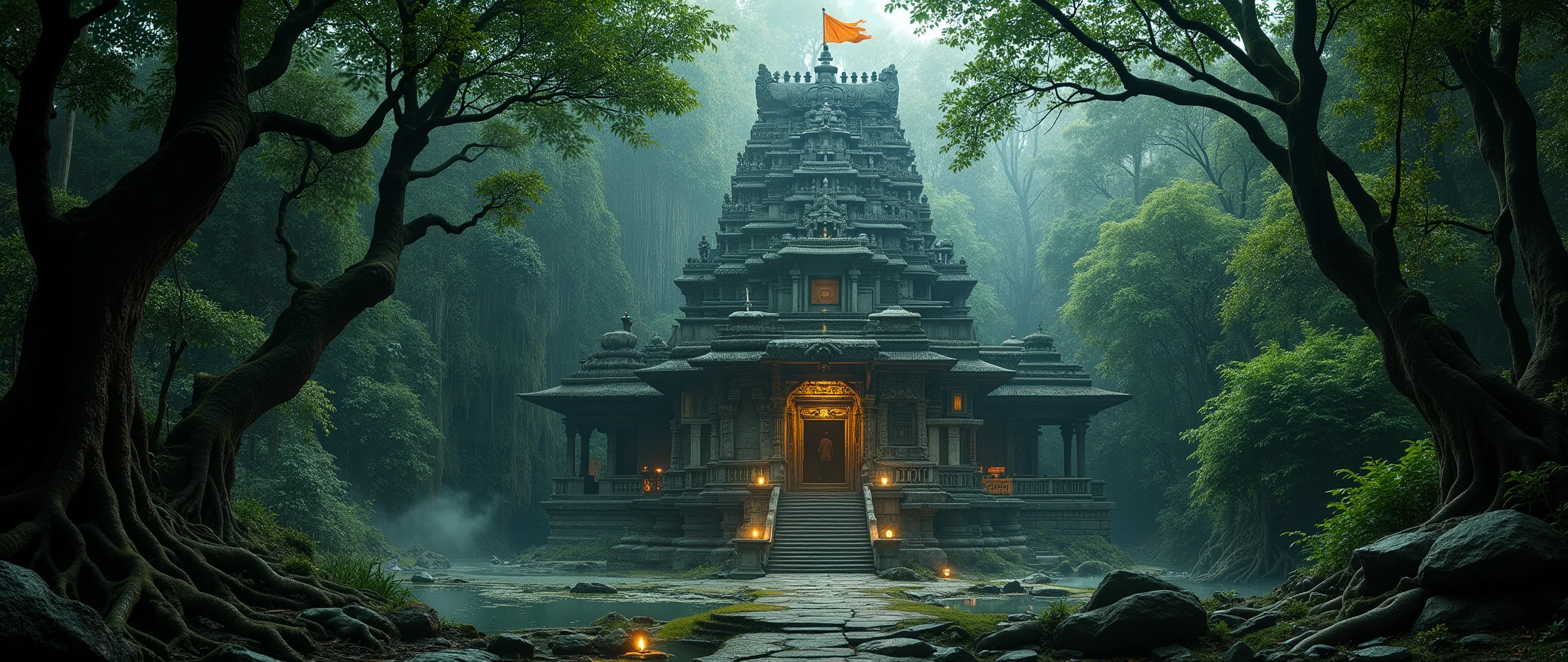 “An ultra-realistic cinematic front photoshoot of a majestic Hindu temple deep inside a dark mystical forest. The temple is built in traditional South Indian style with intricate stone carvings, towering gopuram, and detailed sculptures of gods and sacred symbols.
The temple rises from a rocky elevated ground, partly covered in moss and vines, surrounded by dense ancient trees with twisted roots and branches that create a shadowy canopy. A swamp with still, reflective water lies nearby, with scattered rocks and mist creeping across the ground, adding an eerie and divine atmosphere.
At the top of the temple saffron flag waving, a saffron flag flutters proudly, glowing in the faint sunlight that pierces through the dark forest canopy. The stone steps leading to the temple are aged and covered in moss, with oil lamps casting a warm golden glow amidst the shadows.
The scene is captured in ultra-realistic cinematic style, with dramatic contrast between light and darkness, sharp details in textures (stone, wood, water, and fabric), and a mystical aura that makes the temple look both divine and otherworldly.”