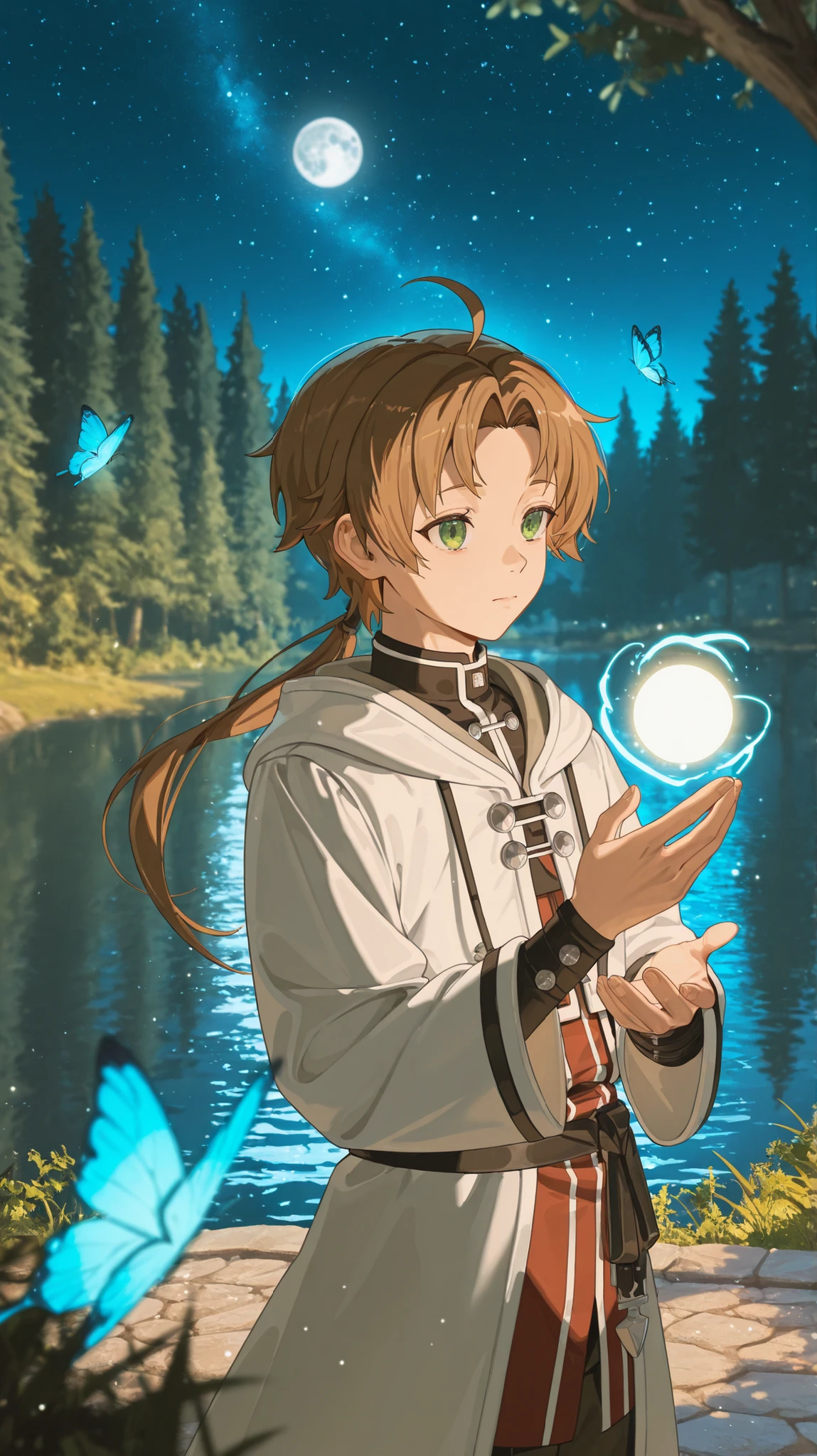 1boy, rudeus greyrat(mushoku tensei), long hair, brown hair, 1boy, ponytail, ahoge, green eyes, parted bangs, ninev, aes stylemix, masterpiece, ultra detailed, expressionless, parted rips, holding magic wand, outdoors, forest, lake, starry sky, night, moon Light, particles of light, glow, Glowing Blue Butterfly, - lots of detail, delicate colors ✨, z3zz4