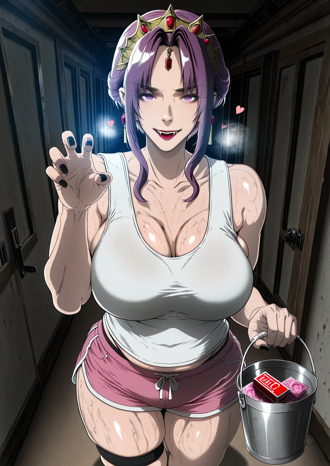 Ssp, L_Cation2, Babu-style, Hgk, (jeneral-style:1.2), (butcha-u-style:1.3), (imizu_(nitro_unknown)-style:1.4), (gin_moku-style:1.2), (j.k.-style:1.3), (anime coloring, anime screencap), shiny skin, (voluptuous body:1.4), (mature female:1.4), (cellulite:1.3), ((vignetting)), ((anatomical correct)), ((Cinematic, unreal-engine, eye-catching, UHD, masterpiece)), ((perfect lighting, soft shadow)), perfect body, perfect eyes, perfect fingers, gasping, heavy breathing, gasping profusely, (()), ((curvy)), mirelia_q_melromarc, parted bangs, sidelocks, earrings, purple hair, purple eyes, tiara, red lips, plump, ((vignetting)), hearts, pleasured, 1girl, , mature female, solo, White shirt, sleeveless, standing, claw pose, holding bucket, looking at viewer, fangs, smirk, collarbone, ,  box, thighs, curvy, hallway, dim light, black nails, dolphin shorts, short shorts,pink shorts,