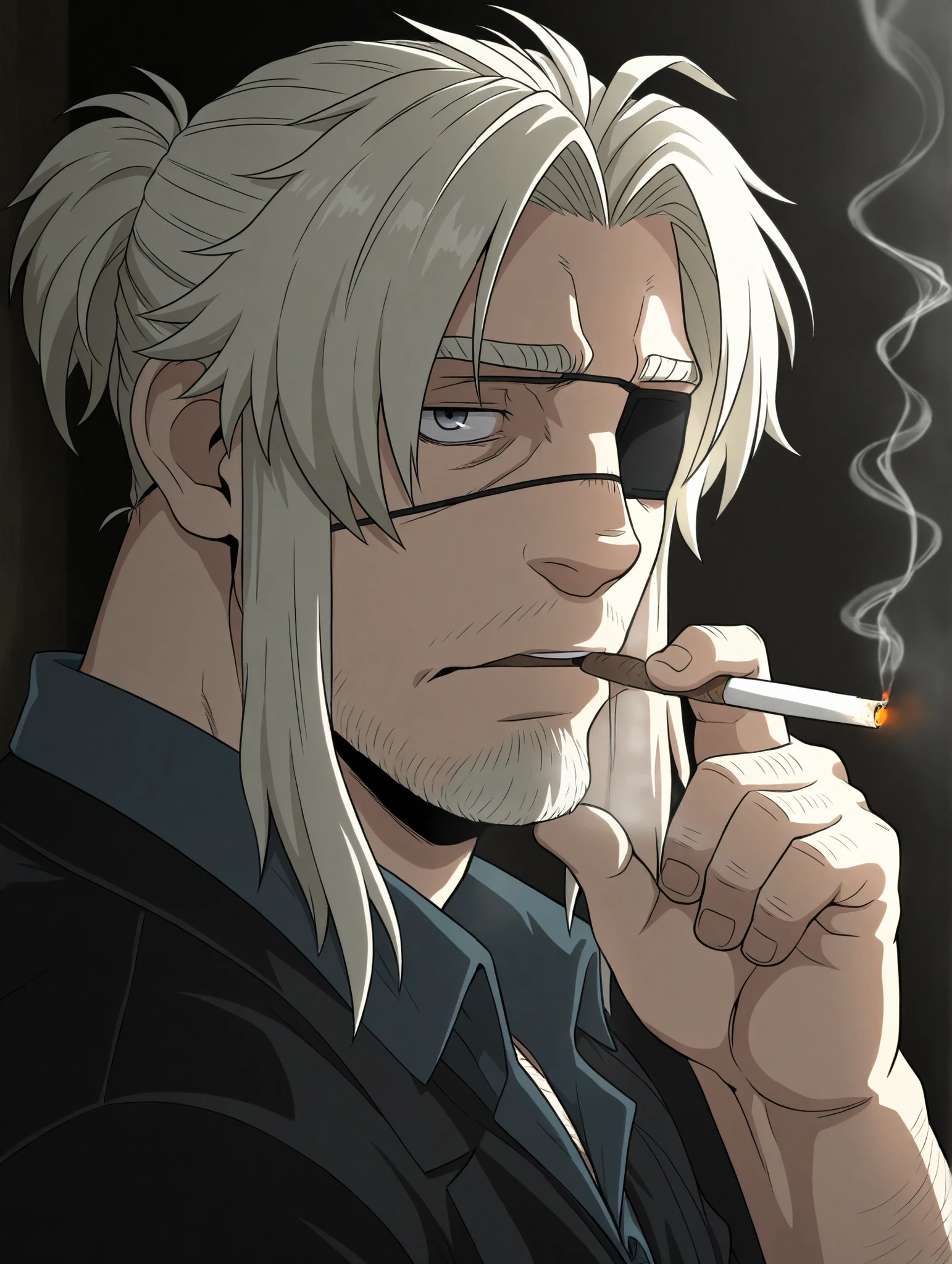 masterpiece, best quality, amazing quality, Worick Arcangelo, grey eyes, eyepatch, beard, acial hair, Blonde hair, 1 boy, male focus, bara, solo, smoking, Gray-blue eyes