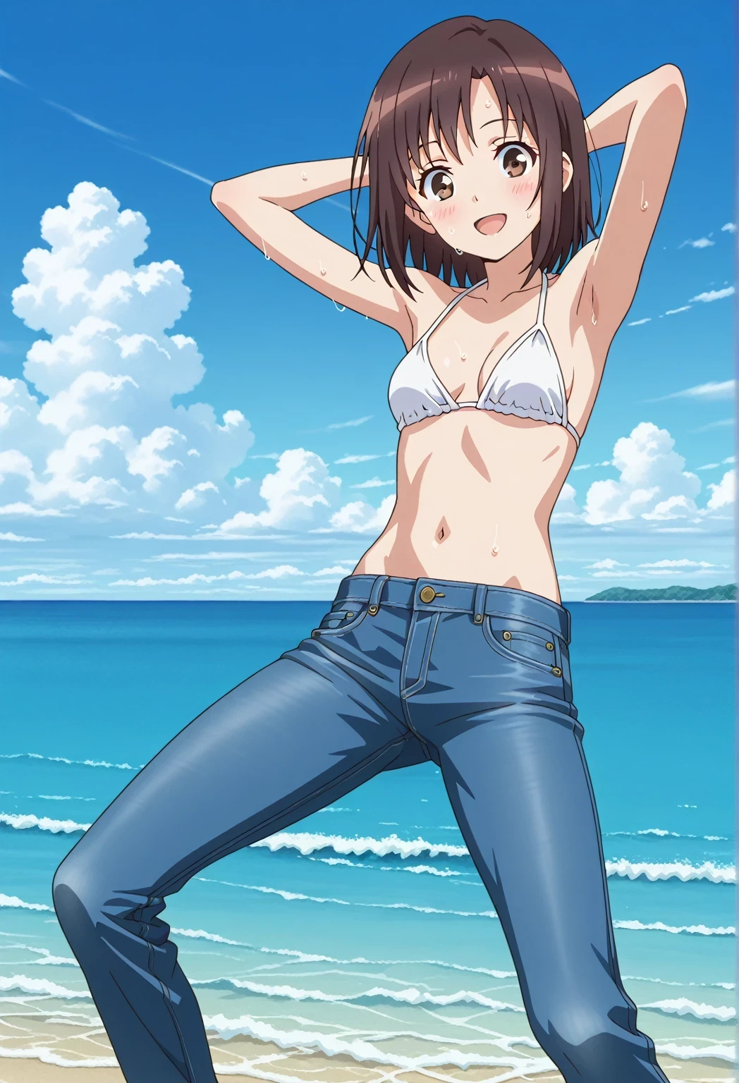 score_9, score_8_up, score_7_up, source_anime, highres, hi res, ((best quality, top quality, perfect quality, Highest Quality, amazing quality)), {{masterpiece}}, {{an extremely delicate and beautiful}}, 2d, intricate details, official style, anime, 8k, anime style, official_anime, official art, digital painting, cell shading, soft shading, high resolution, soothing tones, Subdued Color, Soft cinematic light, adobe lightroom, photolab, HDR, intricately and hyper-detailed, ((high quality animation)), 1 girl, Alone, solo, ((ocean)), tsunami, on the water, day, sunny, outdoors, sky, windy, megumi katou, dark brown hair, brown eyes, short hair, anime screencap, small breasts, white bikini top, best quality, hyper-detailed jeans, ((blue jeans:1.9)), (dark blue jeans:0.6), full medium body, medium shot, Open mouth, smiling, happy face, blush, sweat, standing, ((arms behind head:6.0)), bowlegged, sliding pose, action, looking at viewer, spread legs, Bend knees slightly, straight-on front view