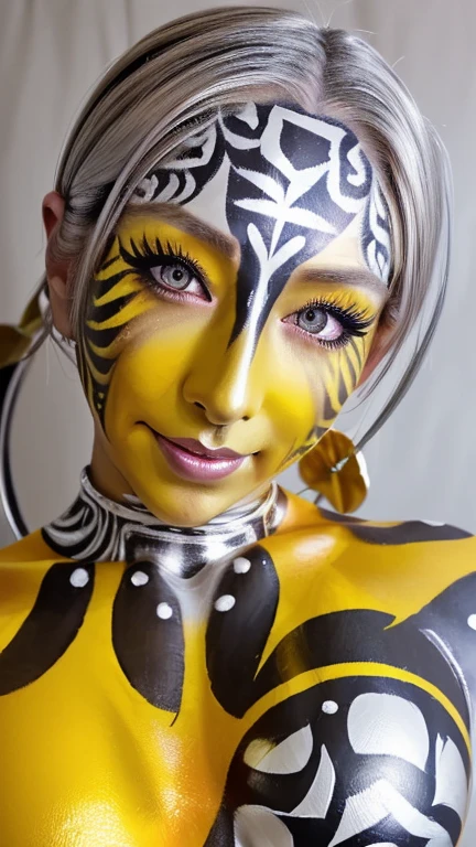 (animalistic body painting:1.5), (female model with wide  and strong legs), (animal-inspired designs), (powerful and primal poses), (studio background), (earthy tones and vivid colors), (high contrast), (detailed patterns), (8k RAW photo, highest quality)