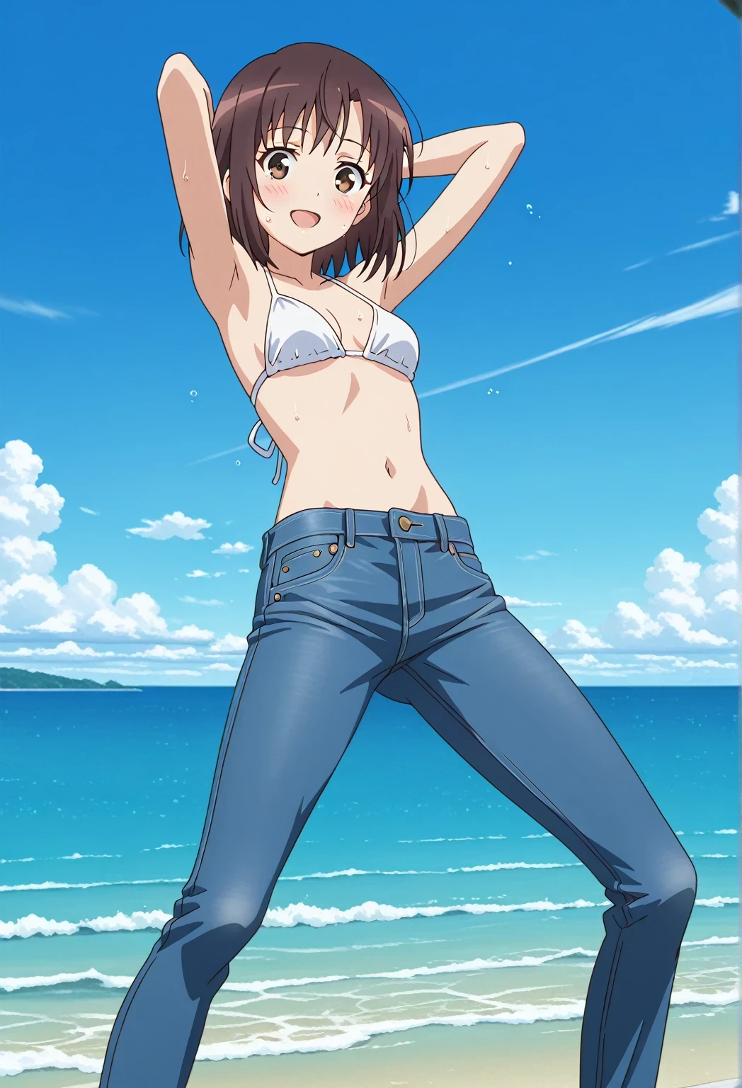 score_9, score_8_up, score_7_up, source_anime, highres, hi res, ((best quality, top quality, perfect quality, Highest Quality, amazing quality)), {{masterpiece}}, {{an extremely delicate and beautiful}}, 2d, intricate details, official style, anime, 8k, anime style, official_anime, official art, digital painting, cell shading, soft shading, high resolution, soothing tones, Subdued Color, Soft cinematic light, adobe lightroom, photolab, HDR, intricately and hyper-detailed, ((high quality animation)), 1 girl, Alone, solo, ((ocean)), tsunami, on the water, day, sunny, outdoors, sky, windy, megumi katou, dark brown hair, brown eyes, short hair, anime screencap, small breasts, white bikini top, best quality, hyper-detailed jeans, ((blue jeans:1.9)), (dark blue jeans:0.6), full medium body, medium shot, Open mouth, smiling, happy face, blush, sweat, standing, ((arms behind head:6.0)), bowlegged, jumping pose, action, looking at viewer, spread legs, Bend knees slightly, straight-on front view