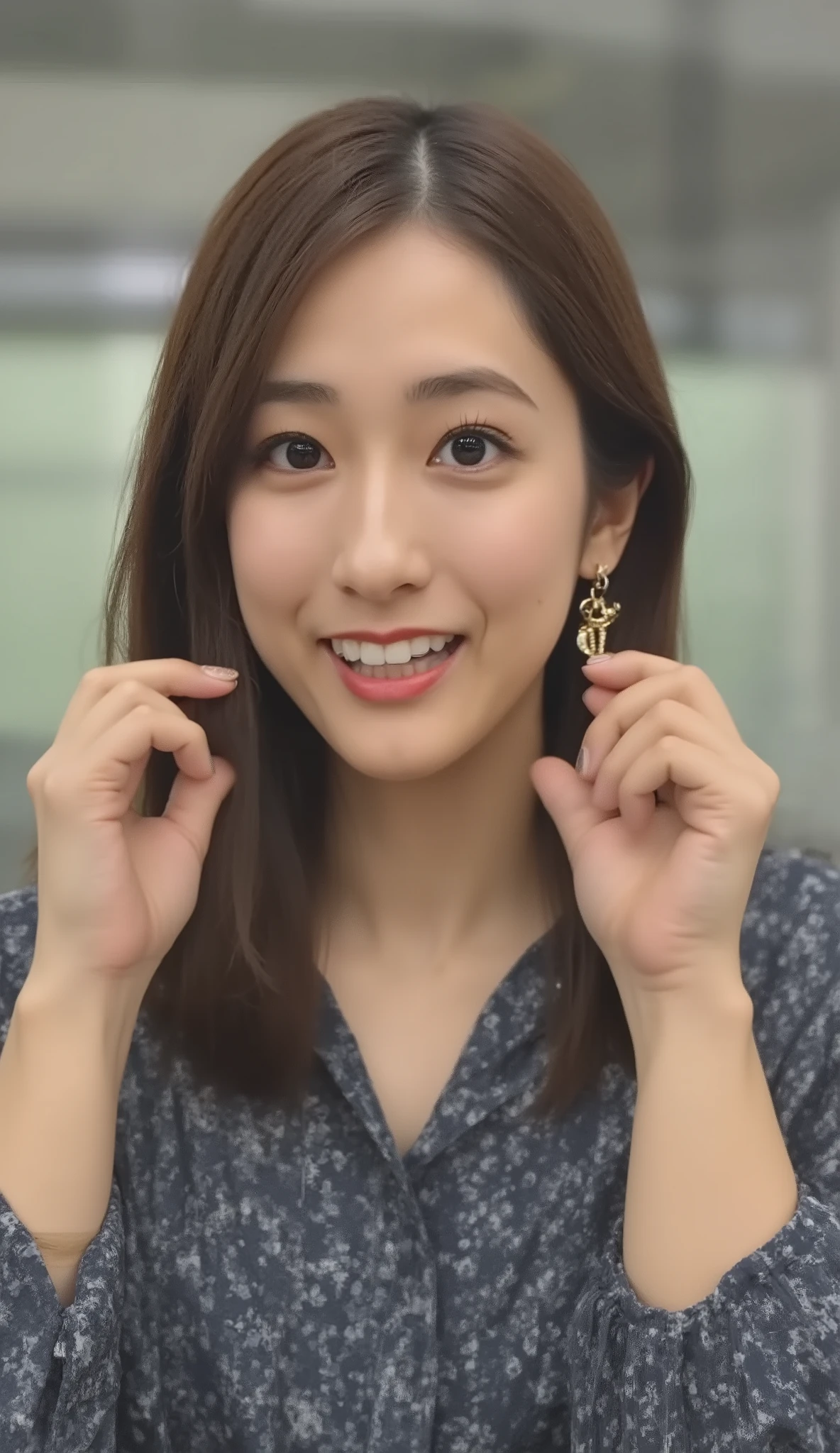 Neat Young Woman、looking at the camera、office lady suit、jacket、shirt、Ear piercings、、 、、smile showing teeth、big smile、face close-up、The background is office
