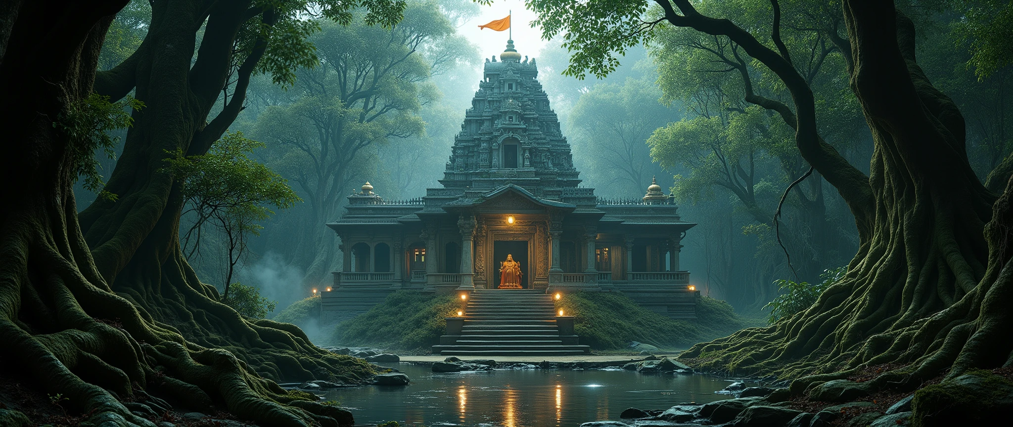 “An ultra-realistic cinematic front photoshoot of a majestic Hindu temple deep inside a dark mystical forest. The temple is built in traditional South Indian style with intricate stone carvings, towering gopuram, and detailed sculptures of gods and sacred symbols.
The temple rises from a rocky elevated ground, partly covered in moss and vines, surrounded by dense ancient trees with twisted roots and branches that create a shadowy canopy. A swamp with still, reflective water lies nearby, with scattered rocks and mist creeping across the ground, adding an eerie and divine atmosphere.
At the top of the temple saffron flag waving, a saffron flag flutters proudly, glowing in the faint sunlight that pierces through the dark forest canopy. The stone steps leading to the temple are aged and covered in moss, with oil lamps casting a warm golden glow amidst the shadows.
The scene is captured in ultra-realistic cinematic style, with dramatic contrast between light and darkness, sharp details in textures (stone, wood, water, and fabric), and a mystical aura that makes the temple look both divine and otherworldly.”