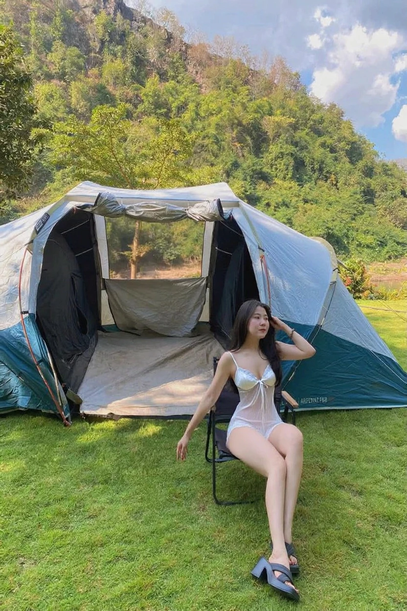 ((top-quality、in 8K、​masterpiece:1.3、Raw photo))、Super high quality photos, ((In the dense forest)), ((Captured from above)), Japan&#39;s top idol women with perfect beauty, Perfect beauty, ((slim figure))、((der riese))、((Wear a white see-through shirt)), ((not wearing bra)), (( are protruding)), tropical jungle、 (Photorealistic: 1.4), (Ultra-high detail), (hyper realisitic: 1.4), (Realistic: 1.3), (Smooth lighting: 1.05), 1girl in, Solo, (Japanese actressl),　 20yr old, Full body, ((camel's toe)), ((der riese)), Size difference, cinematlic lighting, ((slim thigh)), ((Perfect beauty)), ((The most beautiful face)), ((Transcendent beauty)),tropical jungle、((with spreading legs)), ((In the dense forest)), ((slim figure)), ((pitch a small tent at the campsite)), ((Little people々Fleeing)),((Captured from above)), Real rain, wetting hair,