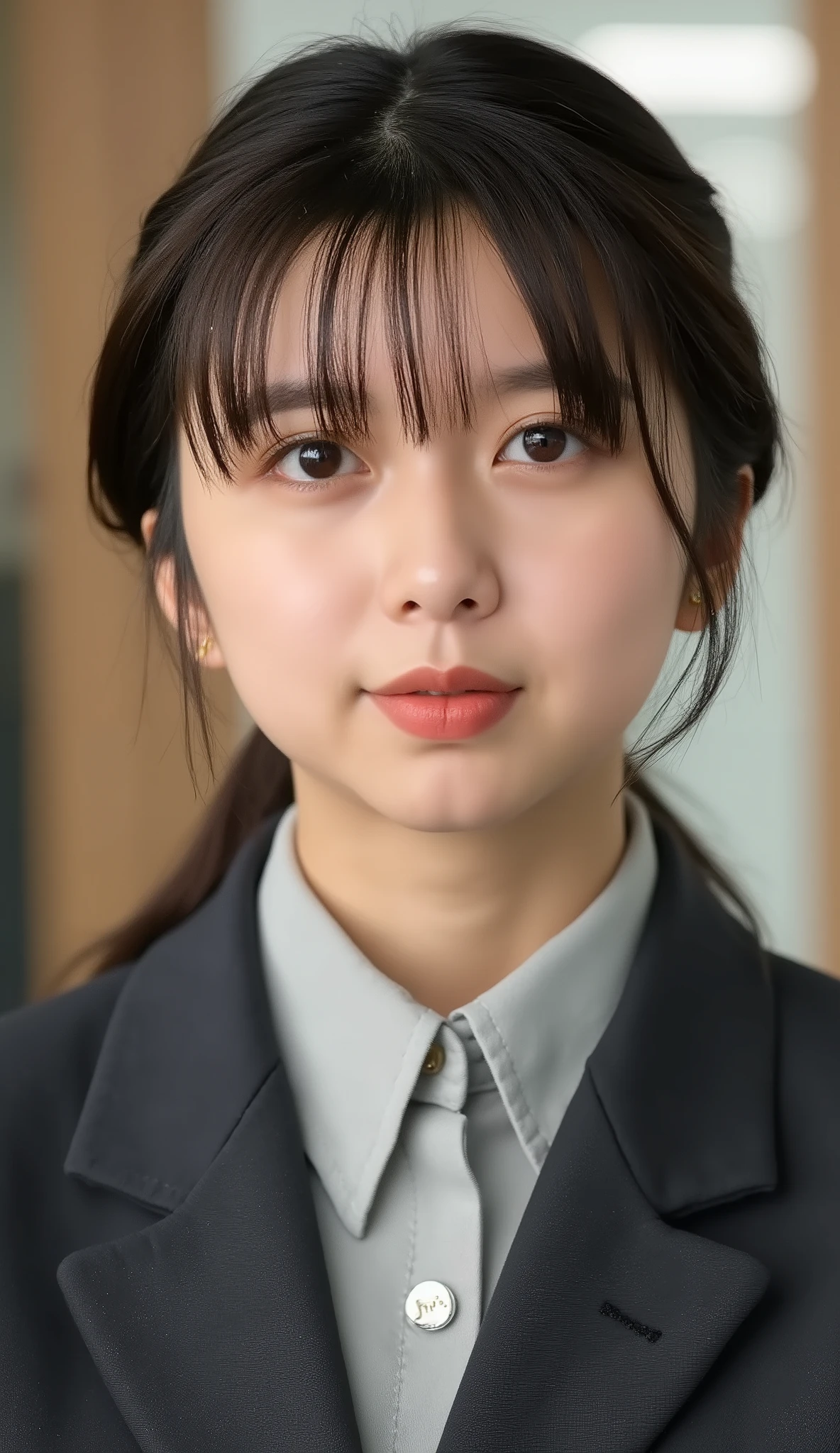 Neat Young Woman、looking at the camera、office lady suit、jacket、shirt、耳にピアス、、無表情、、face close-up、The background is office