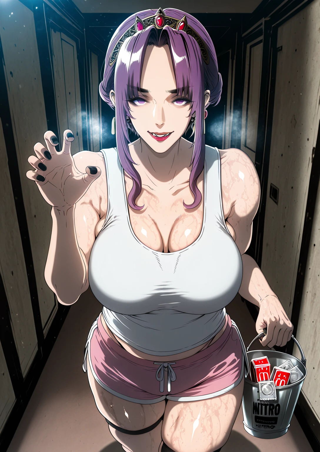 Ssp, L_Cation2, Babu-style, Hgk, (oda non-style:1.2), (butcha-u-style:1.3), (imizu_(nitro_unknown)-style:1.4), (gin_moku-style:1.2), (j.k.-style:1.3), (anime coloring, anime screencap), shiny skin, (voluptuous body:1.4), (mature female:1.4), (cellulite:1.3), ((vignetting)), ((anatomical correct)), ((Cinematic, unreal-engine, eye-catching, UHD, masterpiece)), ((perfect lighting, soft shadow)), perfect body, perfect eyes, perfect fingers, gasping, heavy breathing, gasping profusely, (()), ((curvy)), mirelia_q_melromarc, parted bangs, sidelocks, earrings, purple hair, purple eyes, tiara, red lips, plump, ((vignetting)), hearts, pleasured, 1girl, , mature female, solo, White shirt, sleeveless, standing, claw pose, holding bucket, looking at viewer, fangs, smirk, collarbone, ,  box, thighs, curvy, hallway, dim light, black nails, dolphin shorts, short shorts,pink shorts,