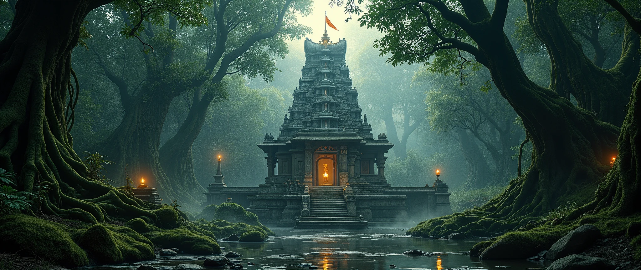 “An ultra-realistic cinematic front photoshoot of a majestic Hindu temple deep inside a dark mystical forest. The temple is built in traditional South Indian style with intricate stone carvings, towering gopuram, and detailed sculptures of gods and sacred symbols.

The temple rises from a rocky elevated ground, partly covered in moss and vines, surrounded by dense ancient trees with twisted roots and branches that create a shadowy canopy. A swamp with still, reflective water lies nearby, with scattered rocks and mist creeping across the ground, adding an eerie and divine atmosphere.

At the top of the temple saffron flag waving, a saffron flag flutters proudly, glowing in the faint sunlight that pierces through the dark forest canopy. The stone steps leading to the temple are aged and covered in moss, with oil lamps casting a warm golden glow amidst the shadows.

The scene is captured in ultra-realistic cinematic style, with dramatic contrast between light and darkness, sharp details in textures (stone, wood, water, and fabric), and a mystical aura that makes the temple look both divine and otherworldly.”
