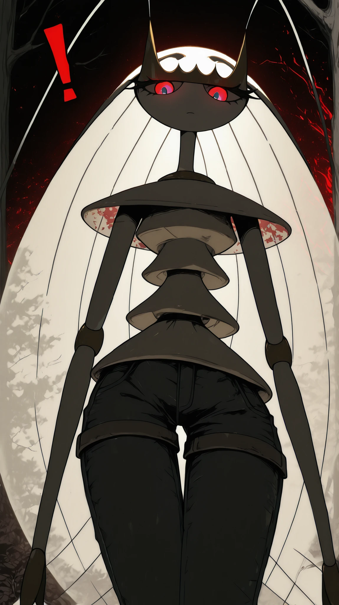 ((Pheromosa from Pokemon)), White Body,white misty forest Background,Wide Hips, Thin Waist, Very Thin Waist, ((Wasp Waist)), Solo, vibrant colors, cel shading, Simplistic Art Style, solo, (red single exclamation mark:1.5),((glowing red eyes:1.4)),(oyabun),look at viewer,over view
,