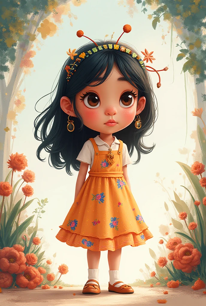 Watercolor style, 16:9 frame, style of tim burton artwork. 11 year old girl, curious smile, a bit shy but bright eyed.