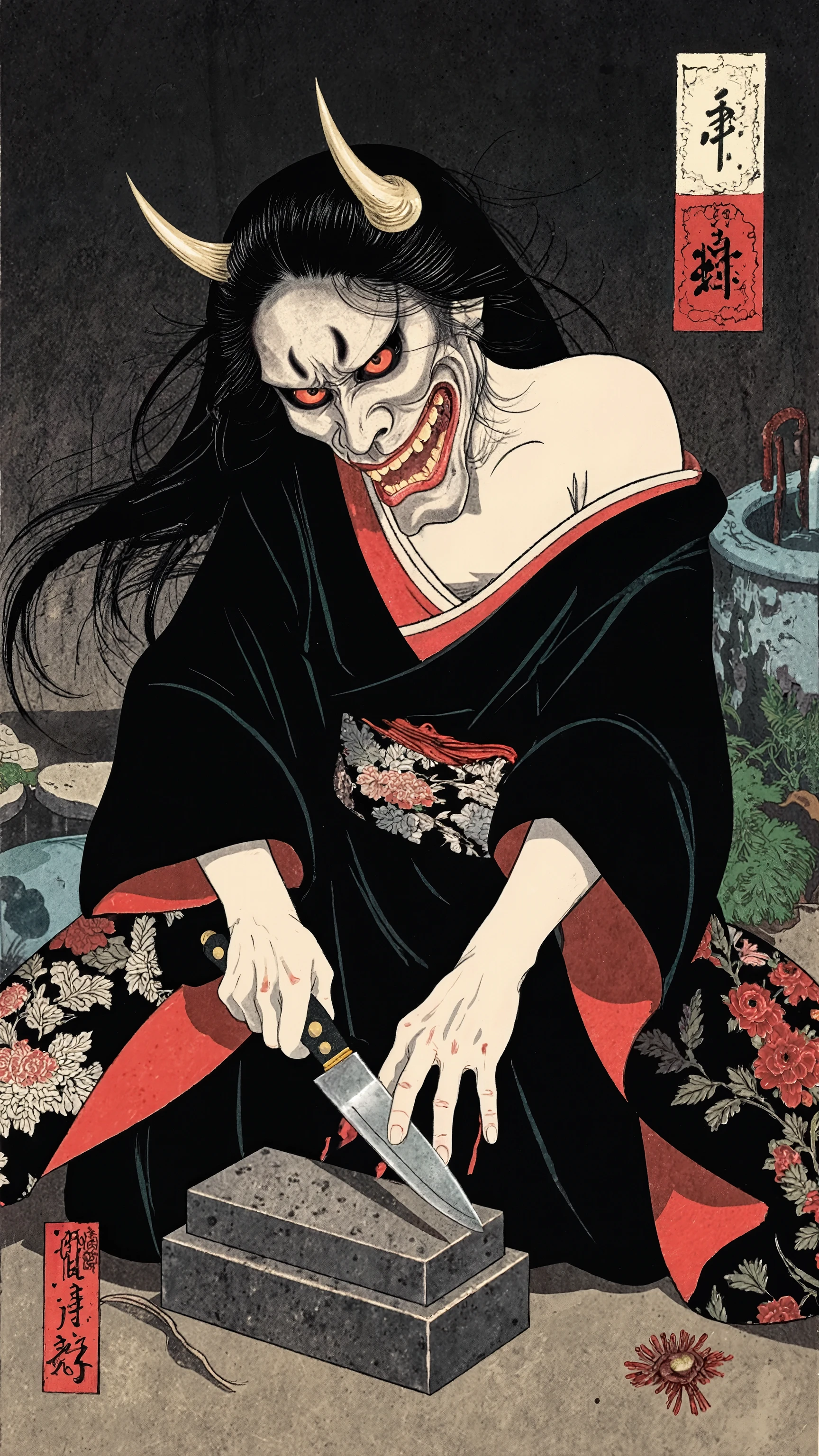 dynamic angle,dynamic pose,1 girl,wearing japanese black and red
kimono、wearing hannya mask、oni,2 horns,messy long black Hair,offshoulder,Sharpening a deba knife with a whetstone,Background with an Old Well,horror,Anger and hatred,dramatic lighting、nihonga,ukiyoe style,oiran,Scary Ukiyo-e ,l0v3cr4ft,Depressive Black