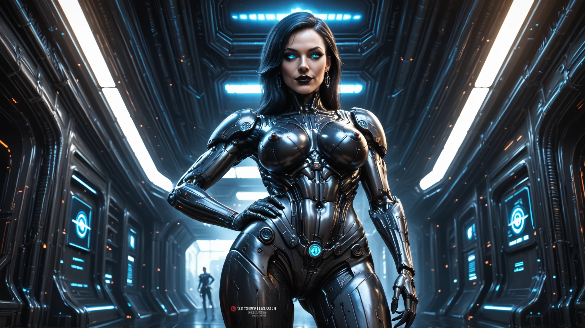 Realistic image, photorealistic, high quality, realistic,
(Image of a robot with a cybernetic imitation of a curvy female body with large cybernetic ), shot from mid-height.
Cybernetic head - Nicole Kidman's face, long hair, glowing eyes, blue eyes, makeup, dark eyeliner,
Cybernetic body - mechanical joints, (no human skin, only cybernetics), (no organic parts, only cybernetics), cybernetic body in dark tones, (fully cybernetic body),
Setting: Dark spaceship corridor, surrounded by cybernetic devices and holograms, open space beyond the viewports,
Action: Posing erotically while standing, hand on hip, thighs apart,
Gothic science fiction, dark fantasy, dark science fiction, gothic fantasy,