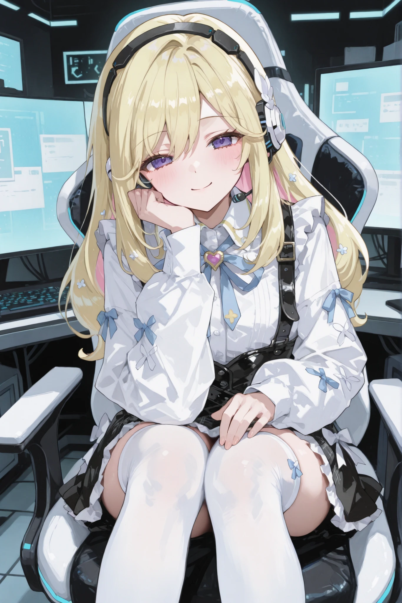 Smile Yan,Gal Peace,Cyber Room,Sit with your knees in a chair,Head microphone,rough but cute costume,white knee-high socks