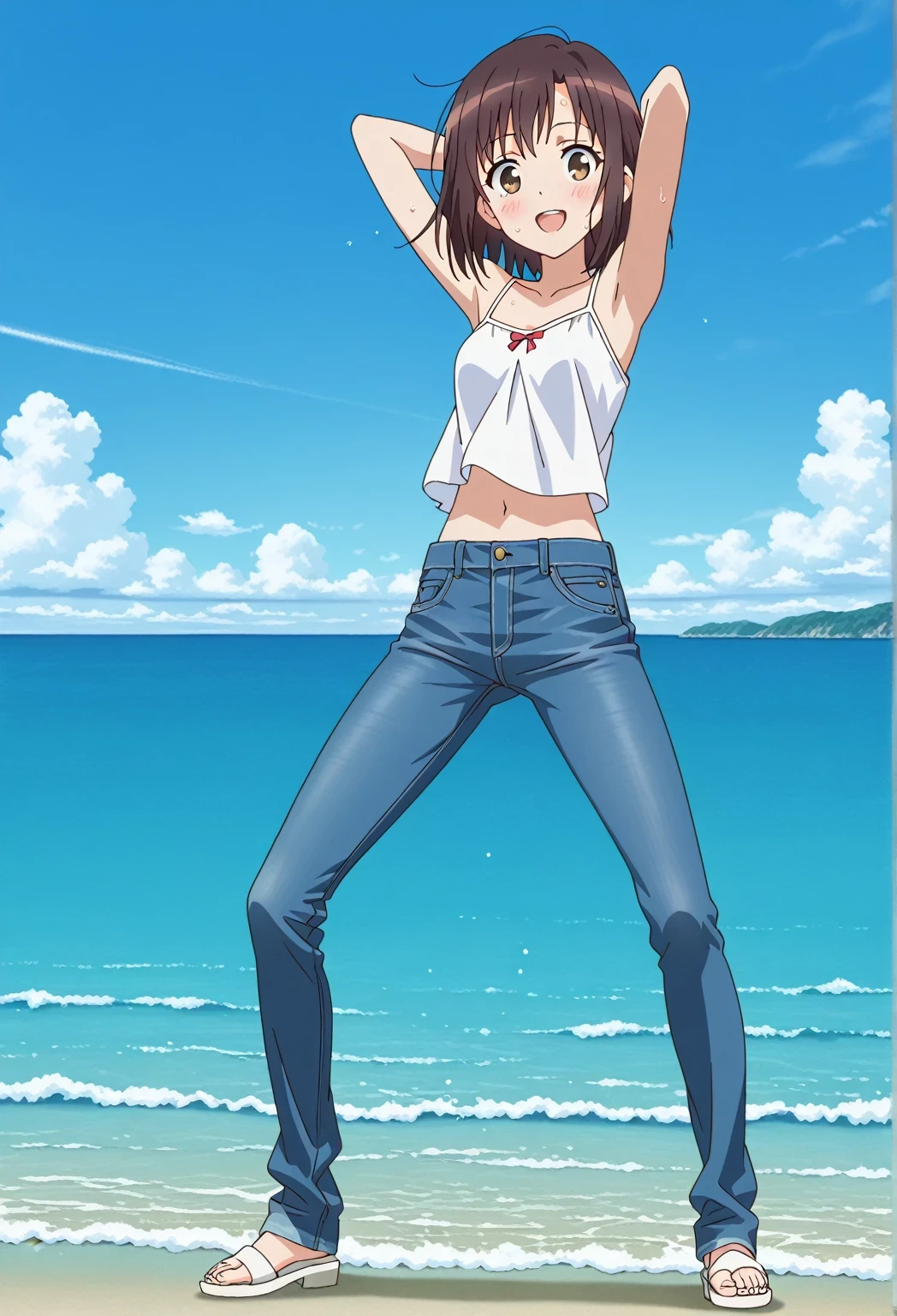score_9, score_8_up, score_7_up, source_anime, highres, hi res, ((best quality, top quality, perfect quality, Highest Quality, amazing quality)), {{masterpiece}}, {{an extremely delicate and beautiful}}, 2d, intricate details, official style, anime, 8k, anime style, official_anime, official art, digital painting, cell shading, soft shading, high resolution, soothing tones, Subdued Color, Soft cinematic light, adobe lightroom, photolab, HDR, intricately and hyper-detailed, ((high quality animation)), 1 girl, Alone, solo, ((ocean)), tsunami, on the water, day, sunny, outdoors, sky, windy, megumi katou, dark brown hair, brown eyes, short hair, anime screencap, small breasts, white camisole top, crop top, white crop top, best quality, hyper-detailed jeans, ((blue jeans:1.9)), (dark blue jeans:0.6), full medium body, medium shot, Open mouth, smiling, happy face, blush, sweat, standing, ((arms behind head:6.0)), bowlegged, sliding pose, action, looking at viewer, spread legs, Bend knees slightly, straight-on front view