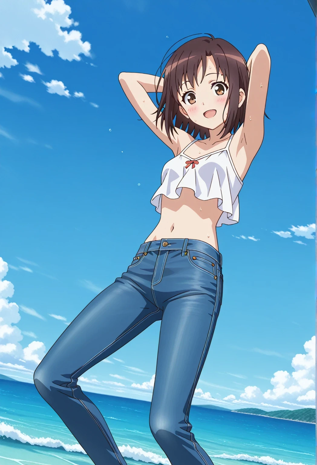 score_9, score_8_up, score_7_up, source_anime, highres, hi res, ((best quality, top quality, perfect quality, Highest Quality, amazing quality)), {{masterpiece}}, {{an extremely delicate and beautiful}}, 2d, intricate details, official style, anime, 8k, anime style, official_anime, official art, digital painting, cell shading, soft shading, high resolution, soothing tones, Subdued Color, Soft cinematic light, adobe lightroom, photolab, HDR, intricately and hyper-detailed, ((high quality animation)), 1 girl, Alone, solo, ((ocean)), tsunami, on the water, day, sunny, outdoors, sky, windy, megumi katou, dark brown hair, brown eyes, short hair, anime screencap, small breasts, white camisole top, crop top, white crop top, best quality, hyper-detailed jeans, ((blue jeans:1.9)), (dark blue jeans:0.6), full medium body, medium shot, Open mouth, smiling, happy face, blush, sweat, standing, ((arms behind head:6.0)), bowlegged, jumping pose, action, looking at viewer, spread legs, Bend knees slightly, straight-on front view