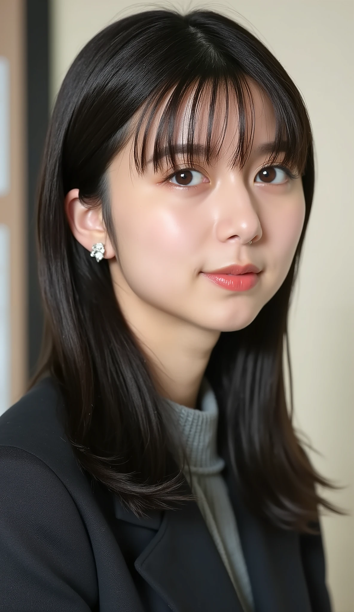 Neat Young Woman、looking at the camera、office lady suit、jacket、shirt、耳にピアス、、無表情、、face close-up、The background is office