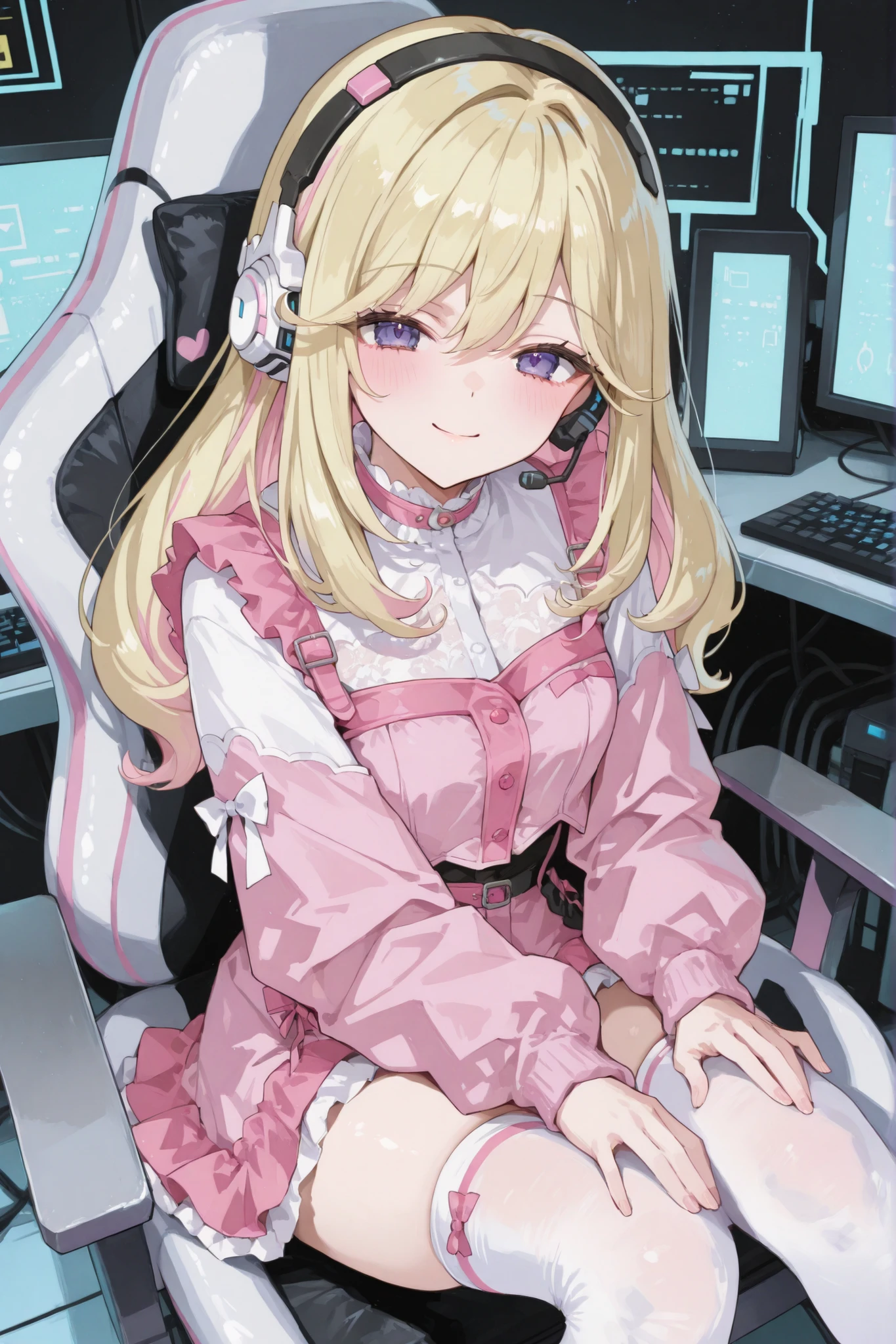 Smile Yan,Gal Peace,Cyber Room,Sit with your knees in a chair,Head microphone,rough but cute costume,pink outfit,white knee-high socks
