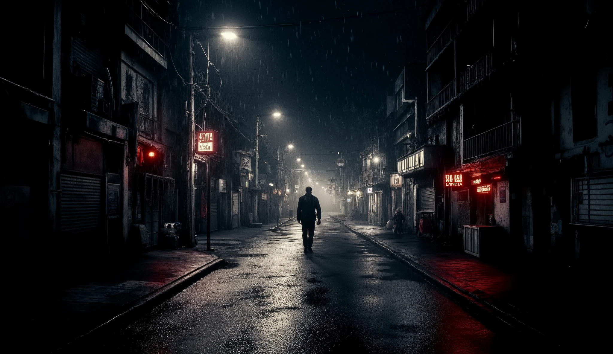 a deserted and dark street of a megalopolis at night, in a dark and modern style, electro, rain, smoke, tech-black, neon lights, night, shot on sony a1, 85mm F/1. 4 ISO 100, medium format, 45 megapixel, flash lighting, natural moon lighting, high contrast