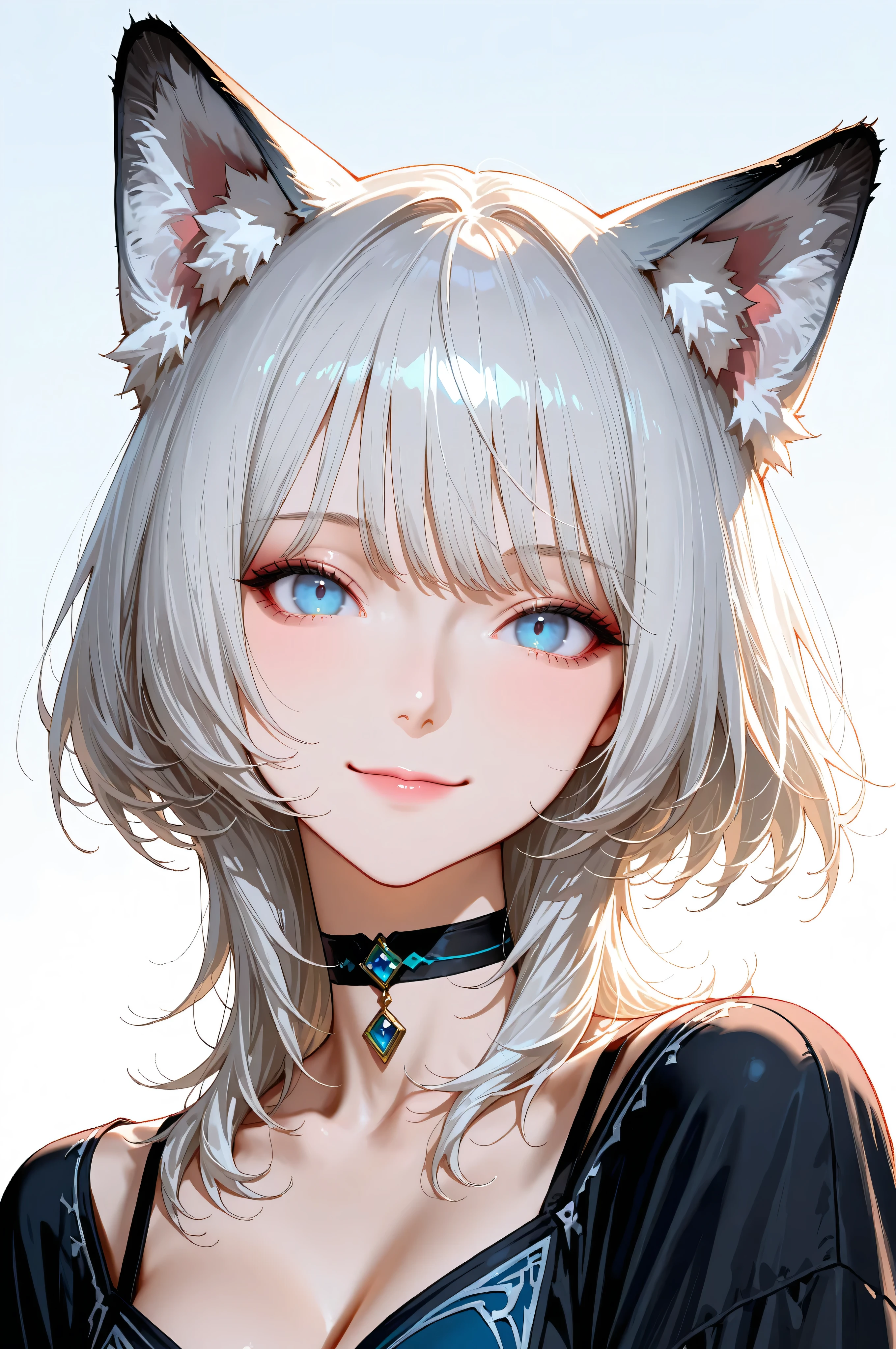 (8k, Highest Quality, masterpiece: 1.2),upper body,dynamic pose, Silver Hair、sharp and intelligent blue eyes,tallでスラリとした体型、Graceful and graceful appearance,Mens Medium Hair,smooth hair,tall,Smile,
Detailed character design, characters noble fantasy setting.,high quality illustration,Cat ears,do not interfere unless the choker,wolf cut hairstyle