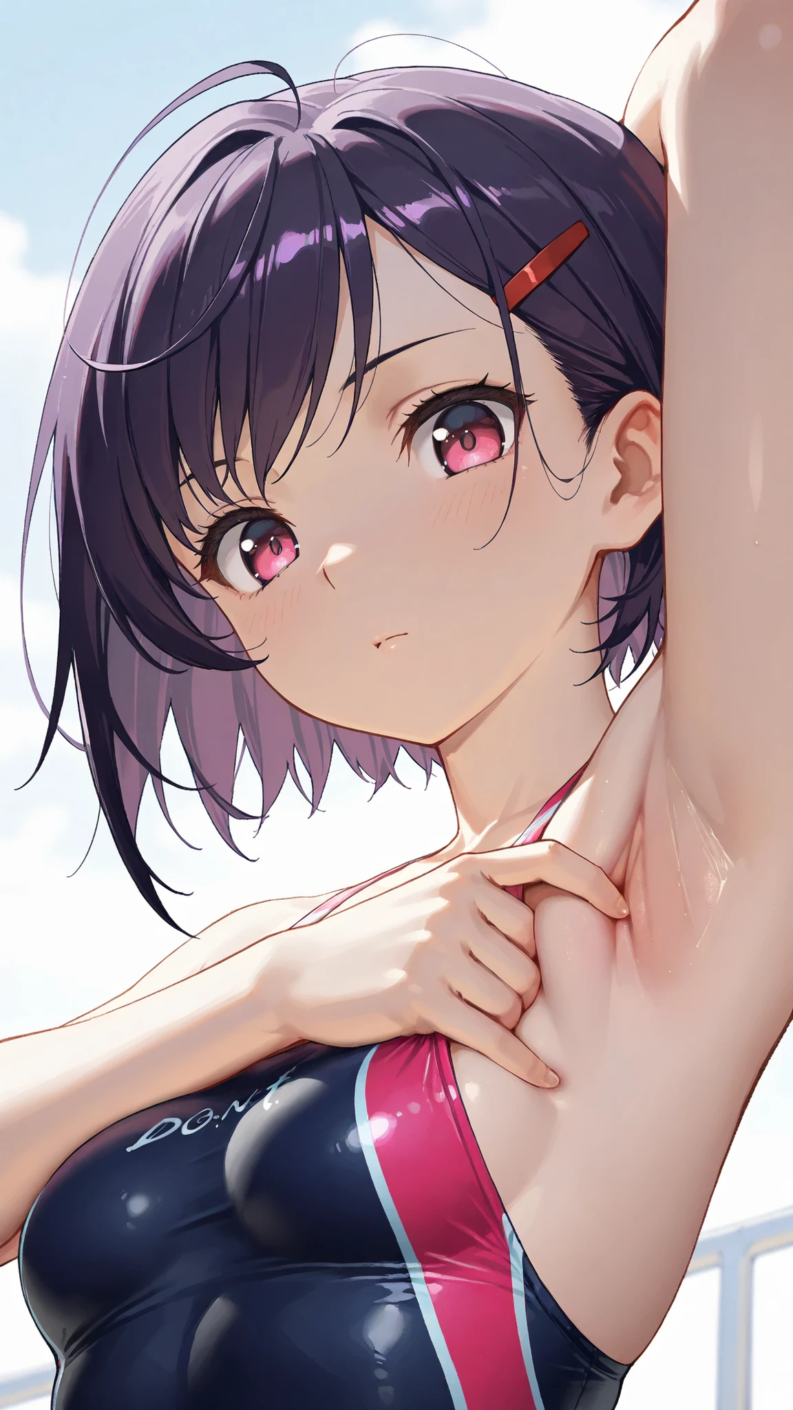 Mikazuki Shizuka, short hair, purple hair, hair ornaments, hair clip, PinkEye, bangs,sideburns, masterpiece, Highest Quality, 8k, high resolution, super detailed,HDR, 超high resolution, ultra-fine painting, clear focus, Physically Based Rendering, Extremely Detailed Description, Professional, Brilliant Colors,perfect composition near the entrance, born々 atmosphere, Highest Quality, complicated details,BREAK,blatant,1girl, underbust with a hair bang,small breasts,low angle,bust focus, Breasts with hidden faces,Look down,watch viewers,((Don't Let Your Clothes Take Off)), ((show armpits, swimsuit)))