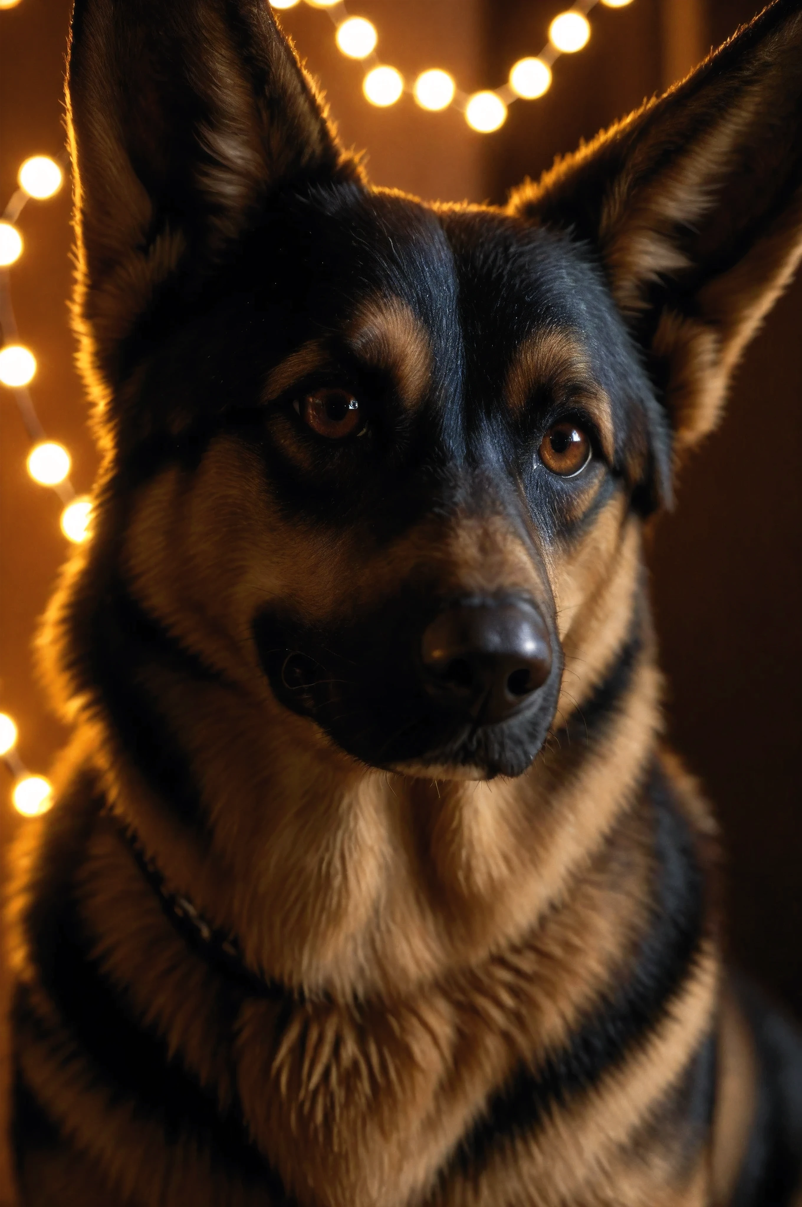a German Shepherd puppy with big, expressive brown eyes, nestled amongst warm, glowing fairy lights, soft orange and brown tones, realistic fur, close-up shot, magical lighting, digital art, photorealistic, intricate details