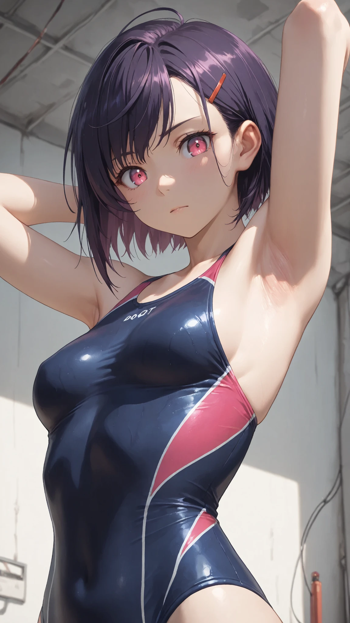 Mikazuki Shizuka, short hair, purple hair, hair ornaments, hair clip, PinkEye, bangs,sideburns, masterpiece, Highest Quality, 8k, high resolution, super detailed,HDR, 超high resolution, ultra-fine painting, clear focus, Physically Based Rendering, Extremely Detailed Description, Professional, Brilliant Colors,perfect composition near the entrance, born々 atmosphere, Highest Quality, complicated details,BREAK,blatant,1girl, underbust with a hair bang,small breasts,low angle,bust focus, Breasts with hidden faces,Look down,watch viewers,((Don't Let Your Clothes Take Off)), ((show armpits, swimsuit)))