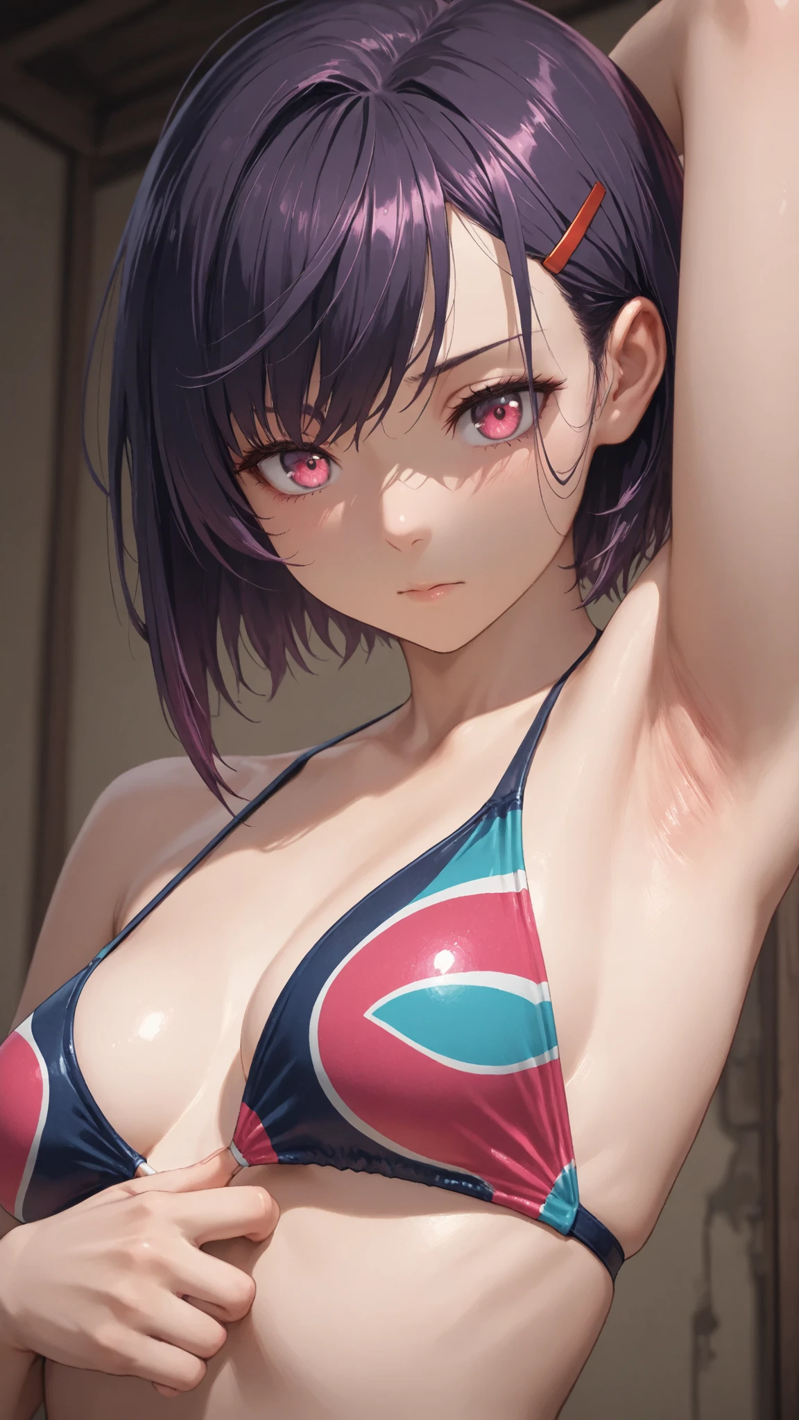 Mikazuki Shizuka, short hair, purple hair, hair ornaments, hair clip, PinkEye, bangs,sideburns, masterpiece, Highest Quality, 8k, high resolution, super detailed,HDR, 超high resolution, ultra-fine painting, clear focus, Physically Based Rendering, Extremely Detailed Description, Professional, Brilliant Colors,perfect composition near the entrance, born々 atmosphere, Highest Quality, complicated details,BREAK,blatant,1girl, underbust with a hair bang,small breasts,low angle,bust focus, Breasts with hidden faces,Look down,watch viewers,((Don't Let Your Clothes Take Off)), ((show armpits, swimsuit)))