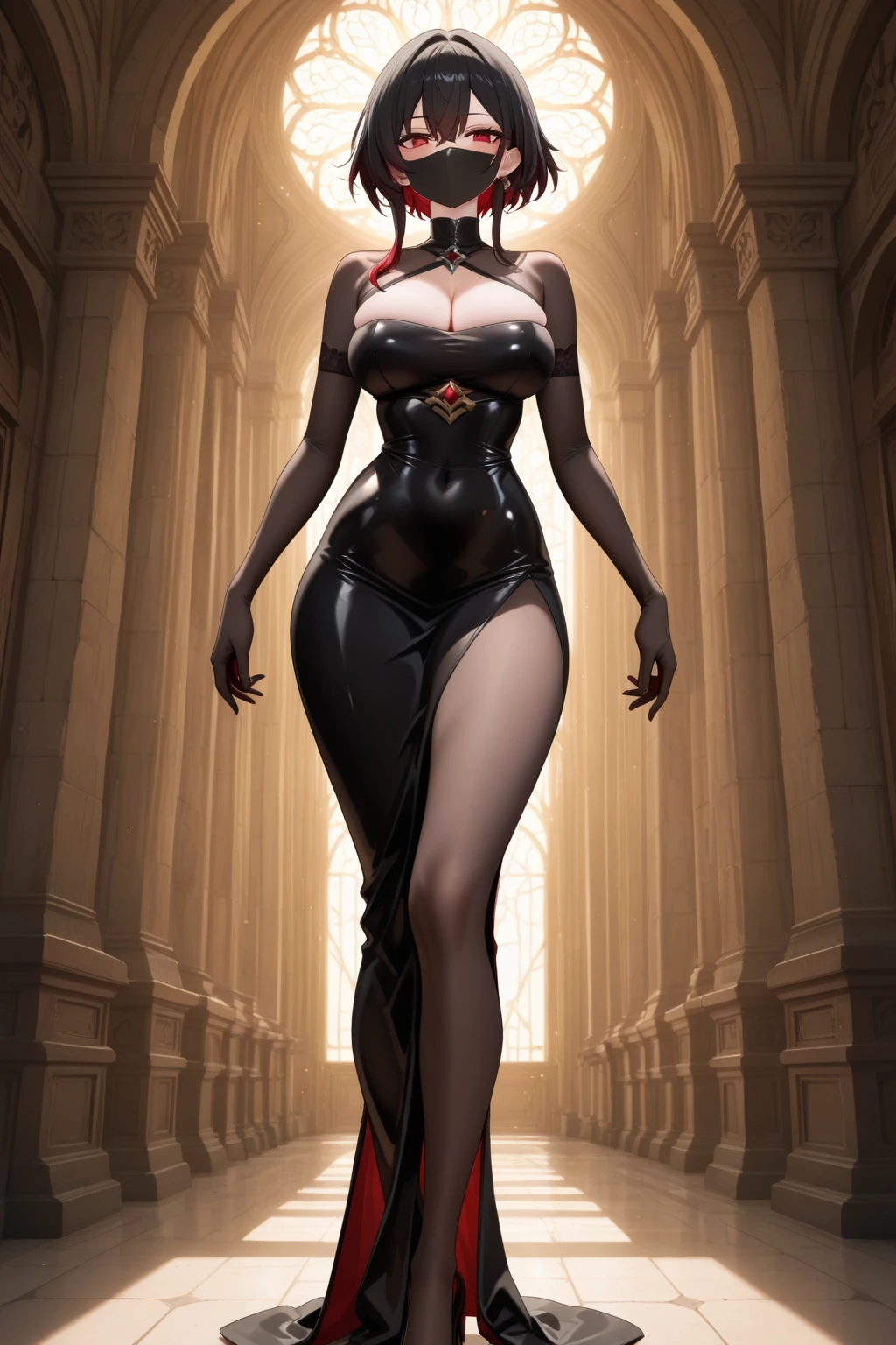 Create a serene and elegant illustration of a beautiful woman standing in a fountain, surrounded by a lush, blooming garden. The woman has short, platinum blonde hair styled in a sophisticated updo, adorned with a large green rose. Her eyes are a soft, enchanting green, and she has a gentle, captivating expression on her face.

She is dressed in a stylish, form-fitting black bodysuit with green accents and intricate leaf patterns, complementing the natural surroundings. The bodysuit features off-the-shoulder sleeves and a plunging neckline, emphasizing her graceful and poised demeanor. A delicate black choker with a green pendant adds to her refined look.

The background is a picturesque garden scene with vibrant green foliage and numerous blooming roses in shades of pink and red. The garden is set within a classical stone courtyard, complete with elegant columns and a large, ornate fountain. Soft, golden sunlight filters through the foliage, casting a warm, inviting glow over the scene. The overall mood of the illustration should be tranquil, romantic, and enchanting, capturing the beauty and elegance of the character in a lush garden setting.