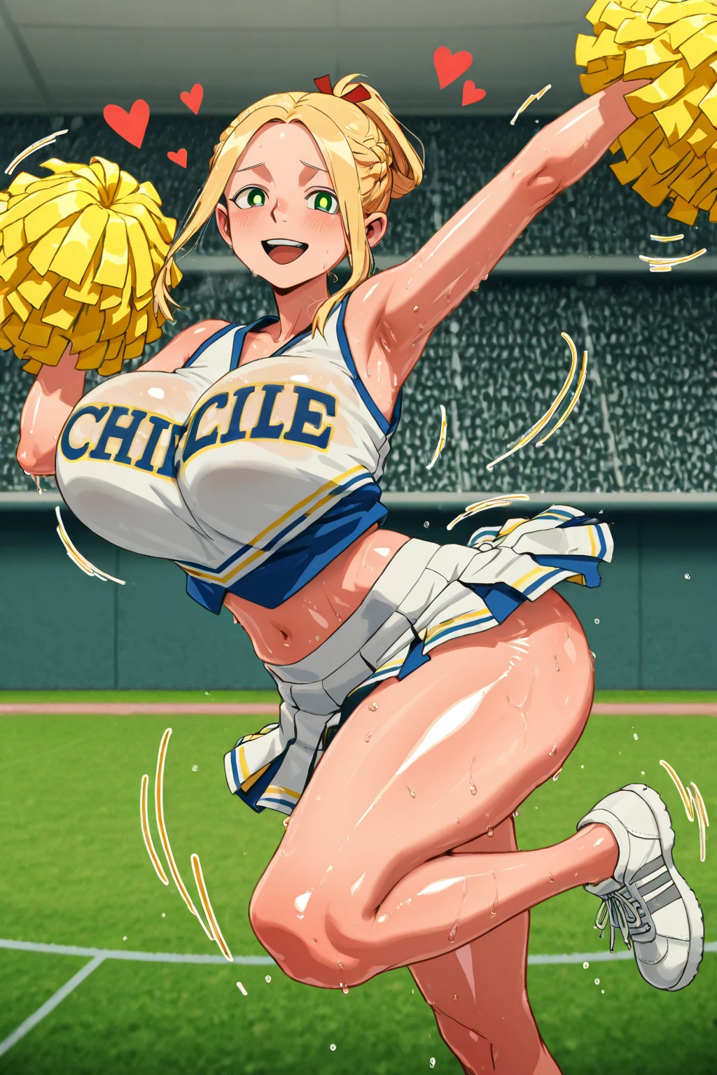 Score_9,score_8_up,score_7_up,1girl,hellsing,seras victoria,solo,looking at viewer,outdoors,nude,((cheerlader)),cheerleader clothes,knotted crop top,knotted shirt,huge breasts,hair over one eye,blue eyes,((smug smirk)),closed mouth,shorts,blonde hair,cheerleading,cheerleader,bulge,erection,erection through clothing,futa,futanari,huge 