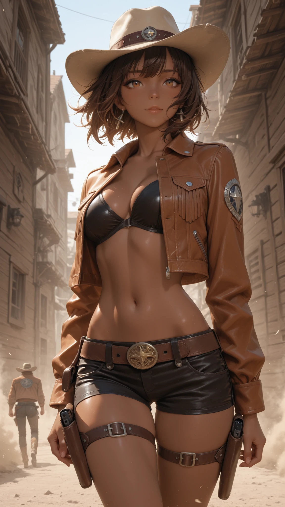 Highest Quality、Masterpiece、RAW pictures、Shootout in the Wilderness、Beautiful Brown Skin Cowgirl、It has the nickname of Calamity、Dynamic Poses to Dodge Enemy Bullets、Cowboy Jacket Flutters in the Wind、Moment You Quickly Pull It Out of Your Waist Holster、Western Town with Dust Soaring