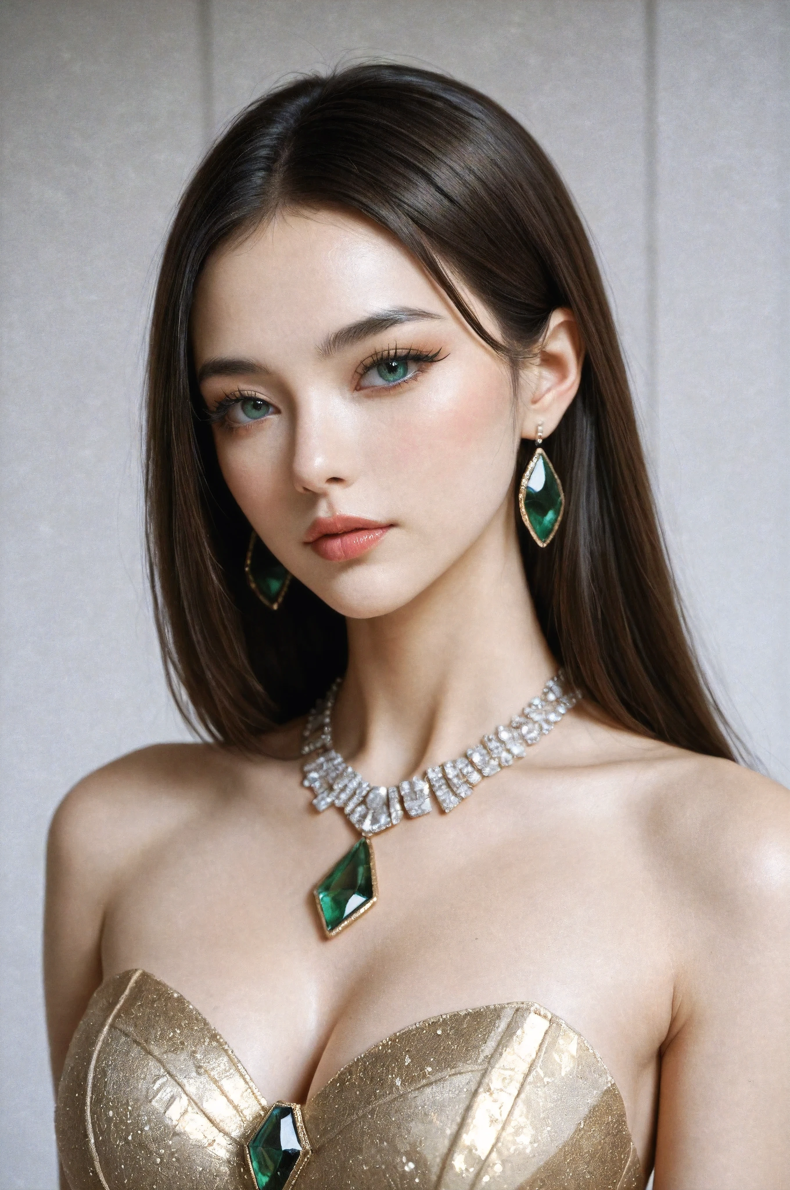 exquisite high fashion photography of a stunning, makeup-free Chinese model with enormous, single-lidded monolid emerald green eyes and long, natural lashes with subtle, soft black eyeliner, a small, perfect nose, full, luscious lips, pale, transparent skin with a subtle sheen, a V-shaped jaw, a thin, elegant face, long, straight, dark brown hair, straight slender eyebrows, and a small, smooth forehead posing on a sleek, modern photographic set at a luxurious celebrities event wearing an extraordinary sculptural black and golden dress, centered in a modern studio with a fusion of organic and geometric shapes, combining polished stone, metallic alloys, and translucent acrylic glass, under dramatic hyper-realistic lighting, with subtle shadows and highlights accentuating intricate details and unique blend of materials, set against a neutral background, showcasing modern art furniture design, suitable for an exclusive gallery or luxurious interior setting.