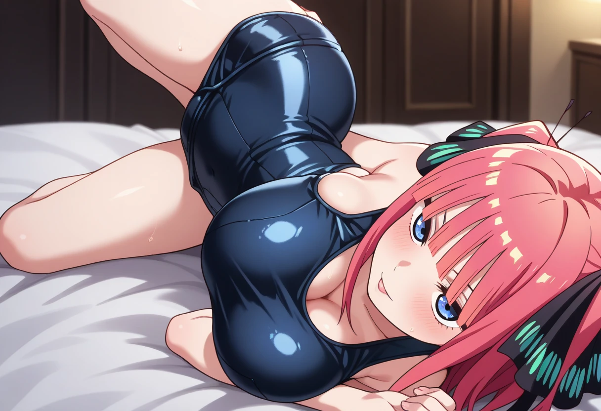 best quality, ultra-detailed masterpiece, anime art style, cute characters, nino nakano, one-piece swimsuit, ?????????????, pantyhose, blush, smile, ?????????, ????? focus