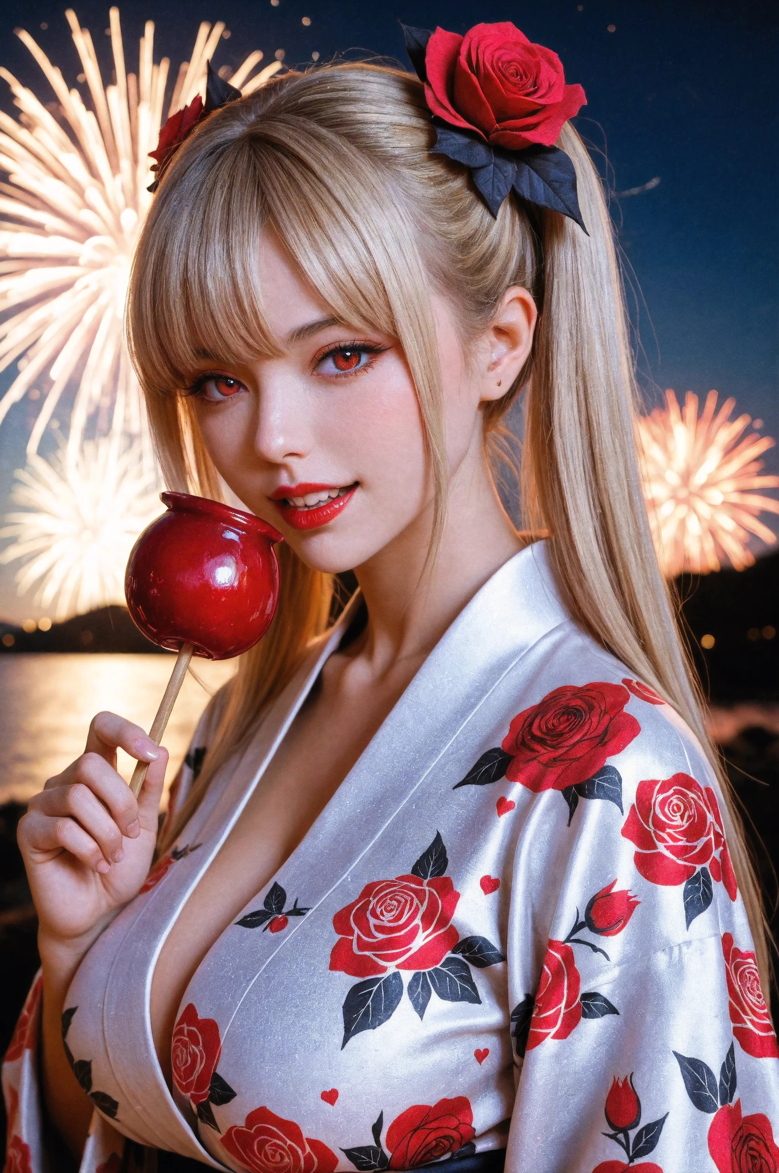 1girl, close-up, upper body, beautiful woman, vampire, colorful rose yukata, looking back over her shoulder, cool and mysterious expression, pointed ears, beautiful hair ornaments, blonde twintails, red eyes, vampire fangs, holding a glossy red candy apple close to her face with one hand, vibrant fireworks illuminating the night sky behind her, soft warm light on her face from the fireworks, huge breasts, sharp focus, upper body only, masterpiece, best quality,