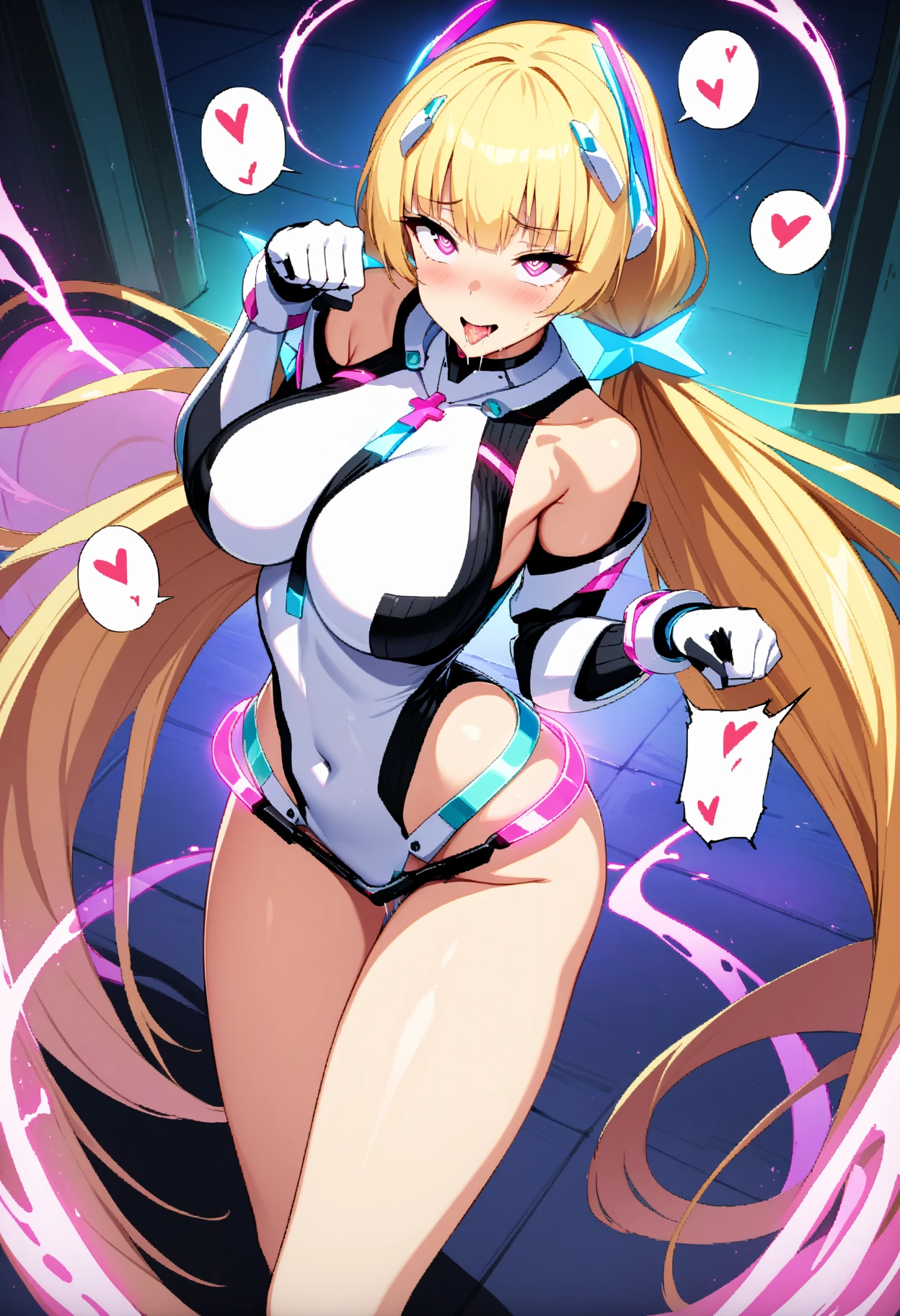 (masterpiece),(Highest quality),(Super detailed),(Best illustrations),(Best Shadow),(Absurd),(Detailed Background),(so beautiful), 16K, 8K,(Best illustrations),(Best Shadow), (so beautiful)angelabalzac, angelabalzac outfit, One person, alone, curby, , very long hair, , Blonde, , fluorescent pink eyes, expelled from paradise, , , Oculogyric crisis, low twintails, empty eyes, blank eyes, , , paw pose, Arched back, , , , afterglow,  smile, , Star-shaped hair fastening, headgear, Open your mouth languidly, , , ,  posture, dynamic pose, , cross-eyed, rolling eyes, , water eyes, , , , , , saliva trail, , shiny skin, , , Hypnosis Facility, , torogao, , BREAK, , Dramatic lighting, Psychedelic Background, Clear liquid, , night, , Hypnosis is over, Torrent of Light, mysterious, spoken hearts,Hypno, wait upon, serve
