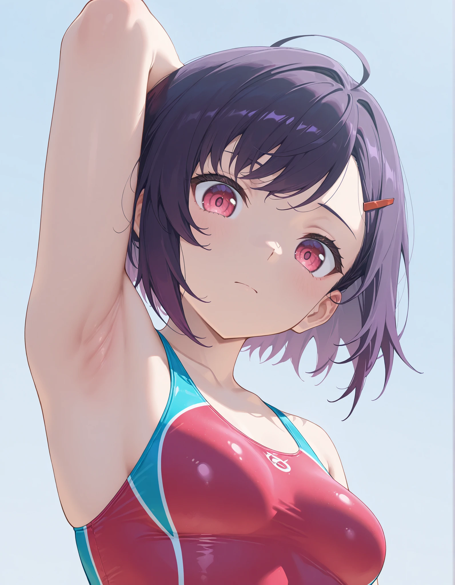 Mikazuki Shizuka, short hair, purple hair, hair ornaments, hair clip, PinkEye, bangs,sideburns, masterpiece, Highest Quality, 8k, high resolution, super detailed,HDR, 超high resolution, ultra-fine painting, clear focus, Physically Based Rendering, Extremely Detailed Description, Professional, Brilliant Colors,perfect composition near the entrance, born々 atmosphere, Highest Quality, complicated details,BREAK,blatant,1girl, underbust with a hair bang,small breasts,low angle,bust focus, Breasts with hidden faces,Look down,watch viewers,((Don't Let Your Clothes Take Off)), ((show armpits, swimsuit)))