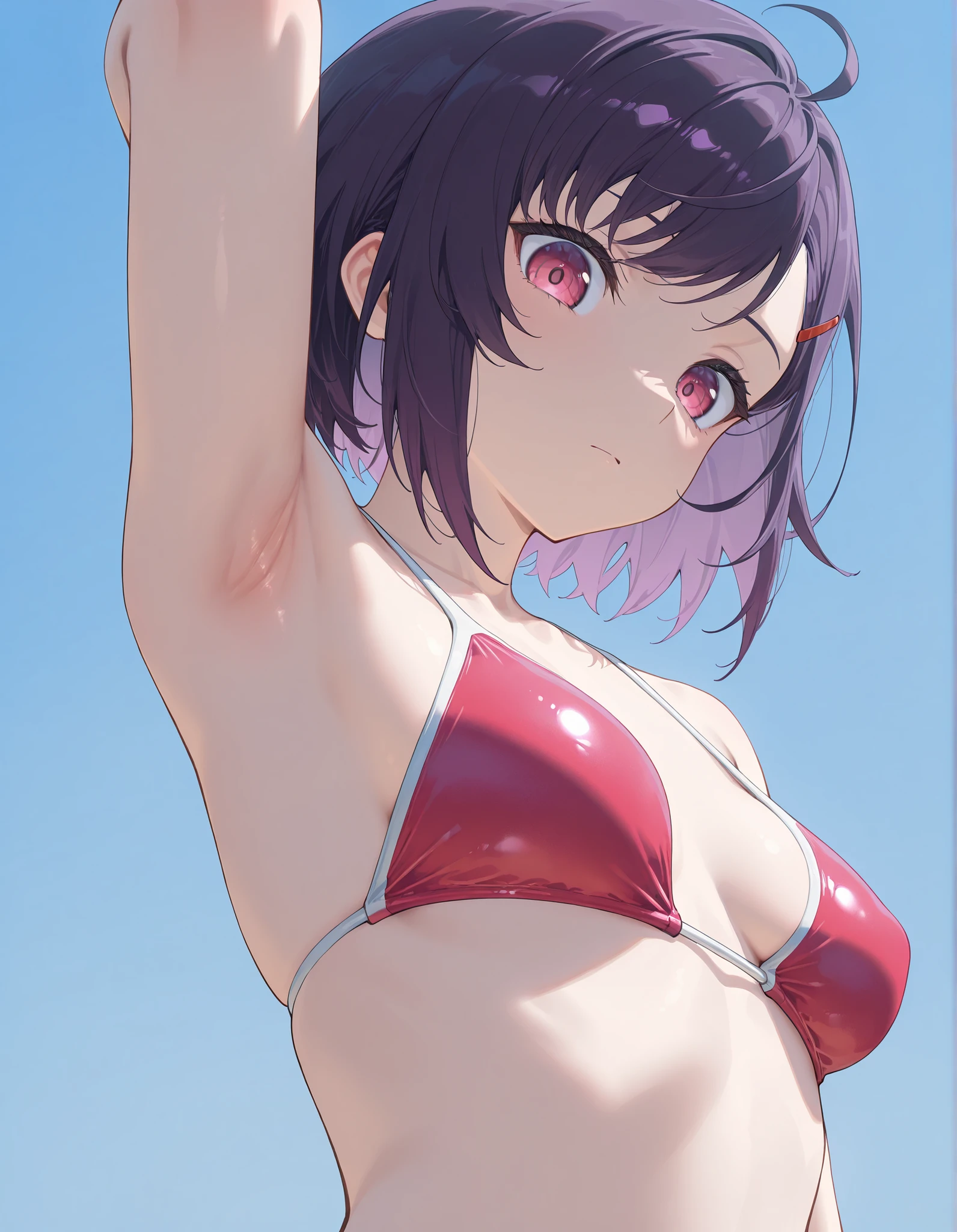 Mikazuki Shizuka, short hair, purple hair, hair ornaments, hair clip, PinkEye, bangs,sideburns, masterpiece, Highest Quality, 8k, high resolution, super detailed,HDR, 超high resolution, ultra-fine painting, clear focus, Physically Based Rendering, Extremely Detailed Description, Professional, Brilliant Colors,perfect composition near the entrance, born々 atmosphere, Highest Quality, complicated details,BREAK,blatant,1girl, underbust with a hair bang,small breasts,low angle,bust focus, Breasts with hidden faces,Look down,watch viewers,((Don't Let Your Clothes Take Off)), ((show armpits, swimsuit)))