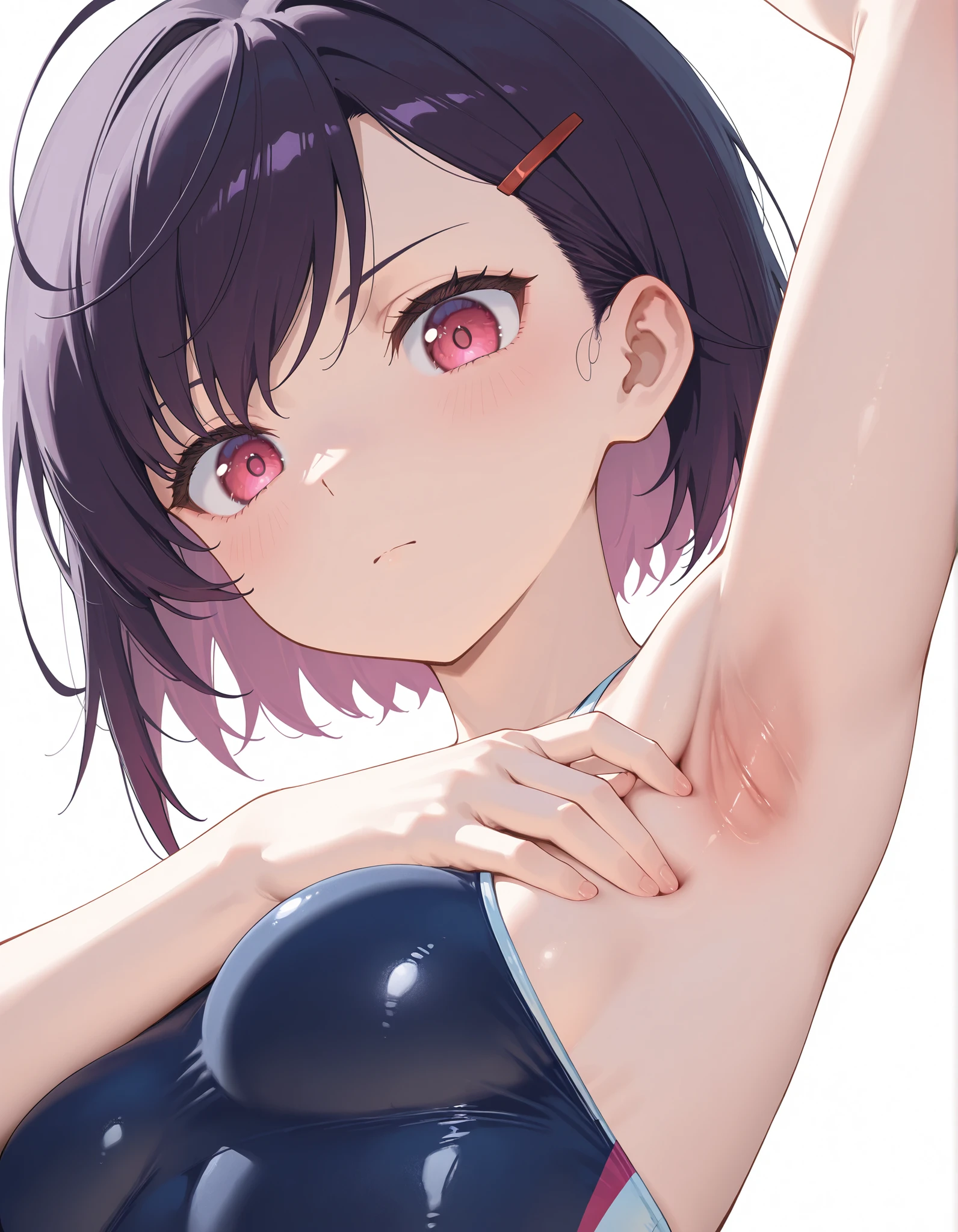 Mikazuki Shizuka, short hair, purple hair, hair ornaments, hair clip, PinkEye, bangs,sideburns, masterpiece, Highest Quality, 8k, high resolution, super detailed,HDR, 超high resolution, ultra-fine painting, clear focus, Physically Based Rendering, Extremely Detailed Description, professional, Brilliant Colors,perfect composition near the entrance, born々 atmosphere, Highest Quality, complicated details,BREAK,blatant,1girl, underbust with a hair bang,small breasts,low angle,bust focus, Breasts with hidden faces,Look down,watch viewers,((Don't Let Your Clothes Take Off)), ((show armpits, swimsuit)))
