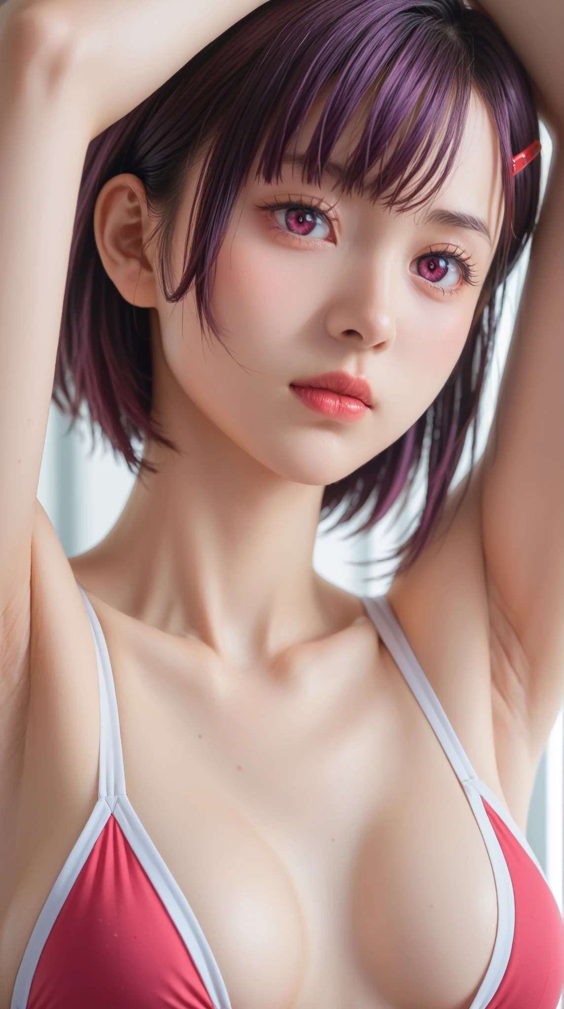 Mikazuki Shizuka, short hair, purple hair, hair ornaments, hair clip, PinkEye, bangs,sideburns, masterpiece, Highest Quality, 8k, high resolution, super detailed,HDR, 超high resolution, ultra-fine painting, clear focus, Physically Based Rendering, Extremely Detailed Description, professional, Brilliant Colors,perfect composition near the entrance, born々 atmosphere, Highest Quality, complicated details,BREAK,blatant,1girl, underbust with a hair bang,small breasts,low angle,bust focus, Breasts with hidden faces,Look down,watch viewers,((Don't Let Your Clothes Take Off)), ((show armpits, swimsuit)))