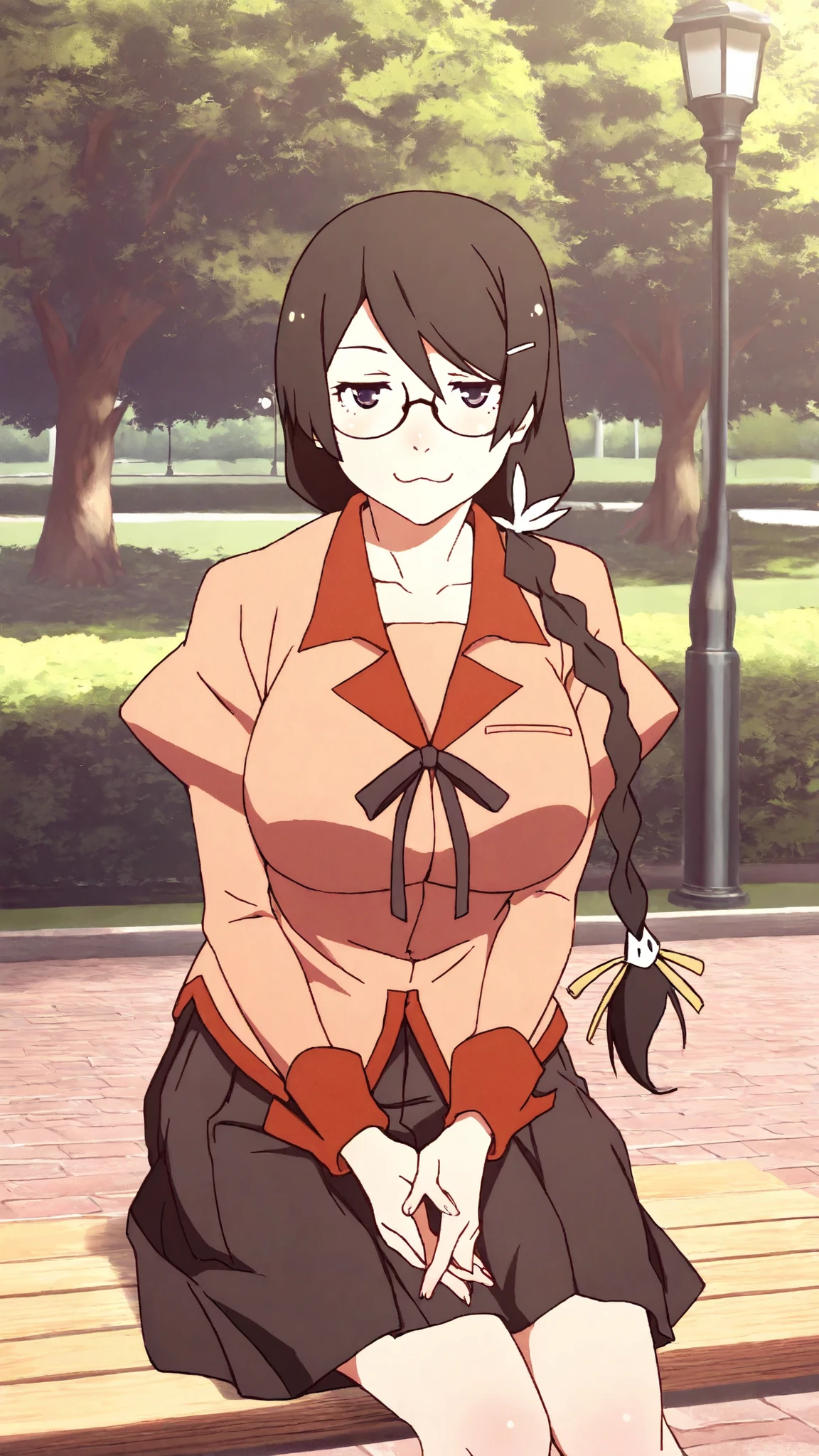 Hanekawa,masterpiece,最High Quality,High Quality,1girl,solo,What's more _high_school_uniform,long_SLEEVES,day,Parks,lamp post,sitting,hands together,refer to_together,cowboy_shot,looking for_in_viewer,of,Close,:3,