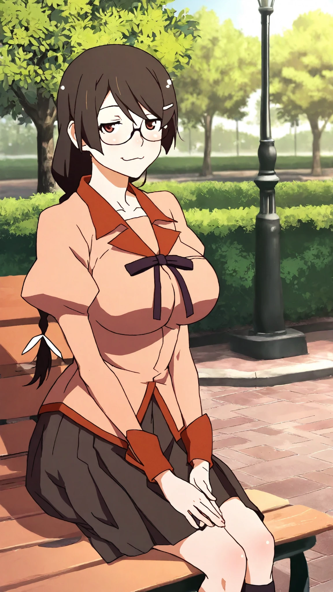 Hanekawa,masterpiece,最High Quality,High Quality,1girl,solo,What's more _high_school_uniform,long_SLEEVES,day,Parks,lamp post,sitting,hands together,refer to_together,cowboy_shot,looking for_in_viewer,of,Close,:3,
