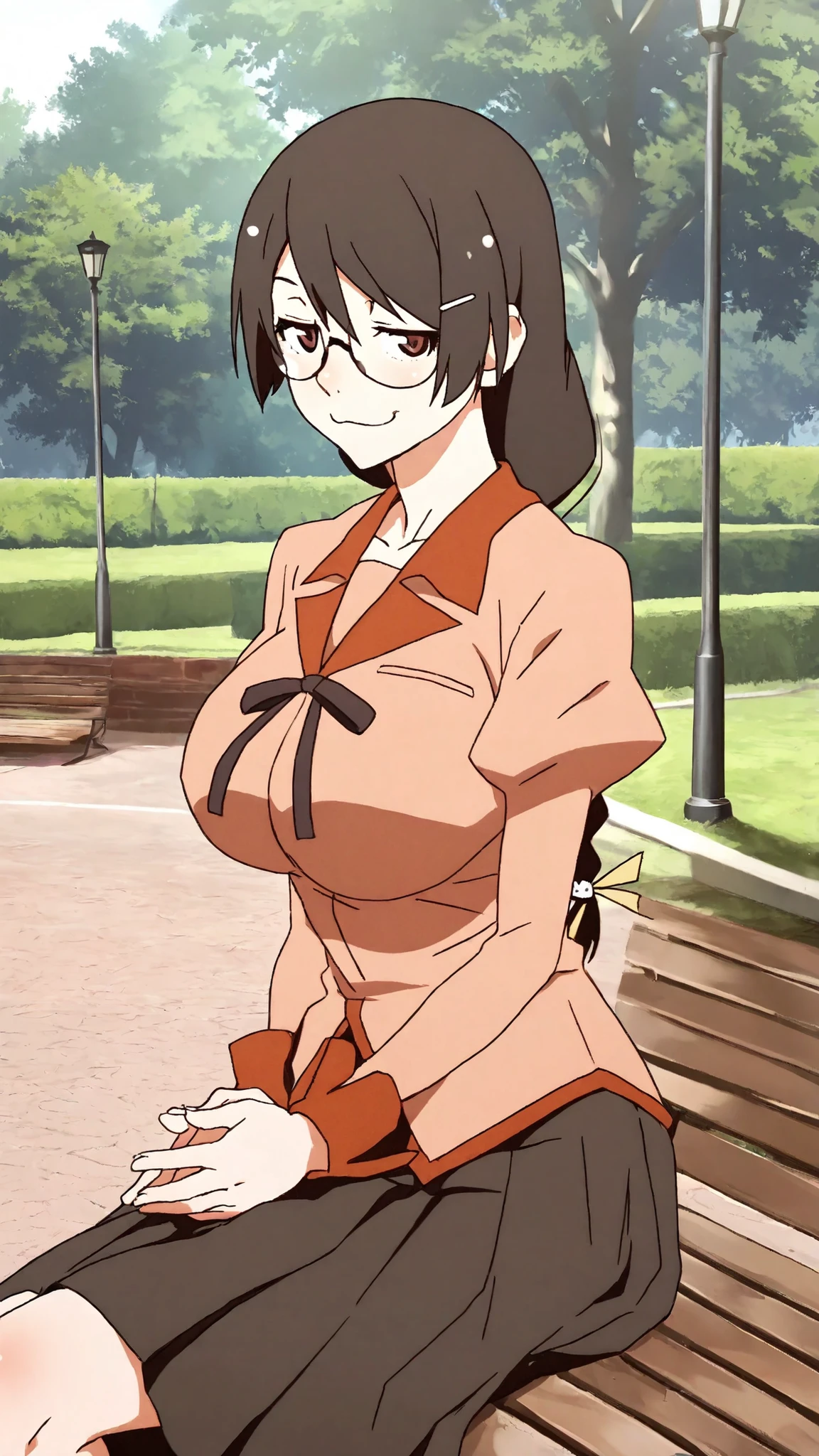 Hanekawa,masterpiece,最High Quality,High Quality,1girl,solo,What's more _high_school_uniform,long_SLEEVES,day,Parks,lamp post,sitting,hands together,refer to_together,cowboy_shot,looking for_in_viewer,of,Close,:3,